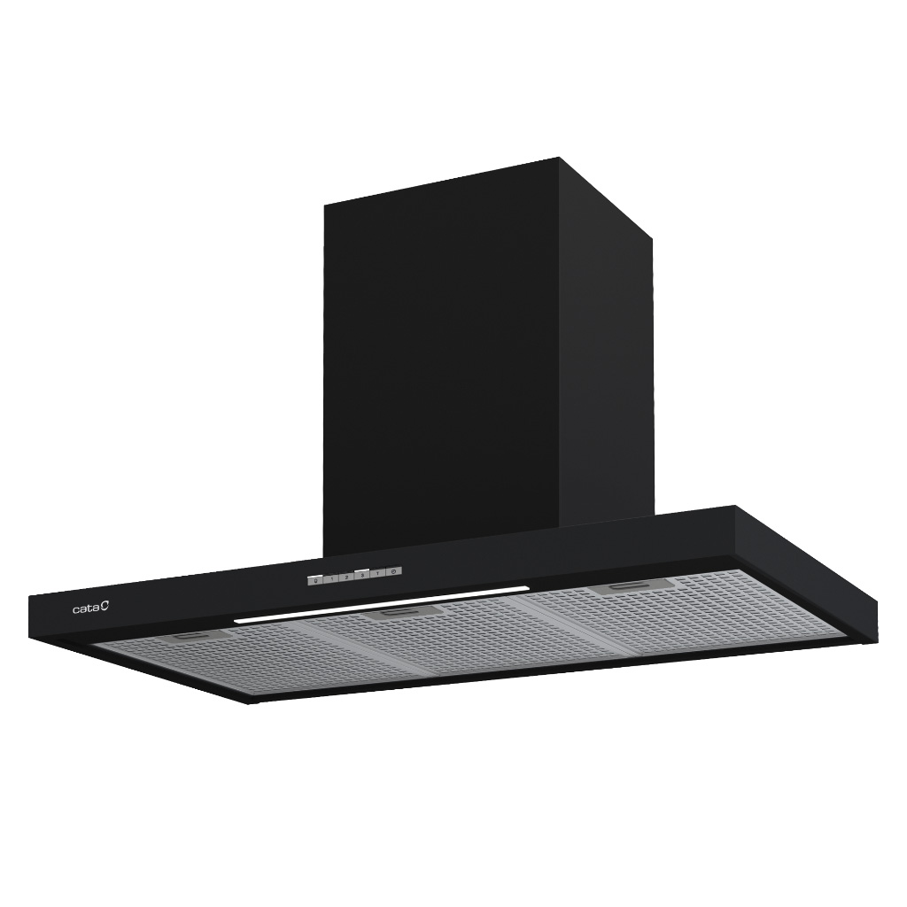 Campana extractora negra con filtros de acero inoxidable y luz.