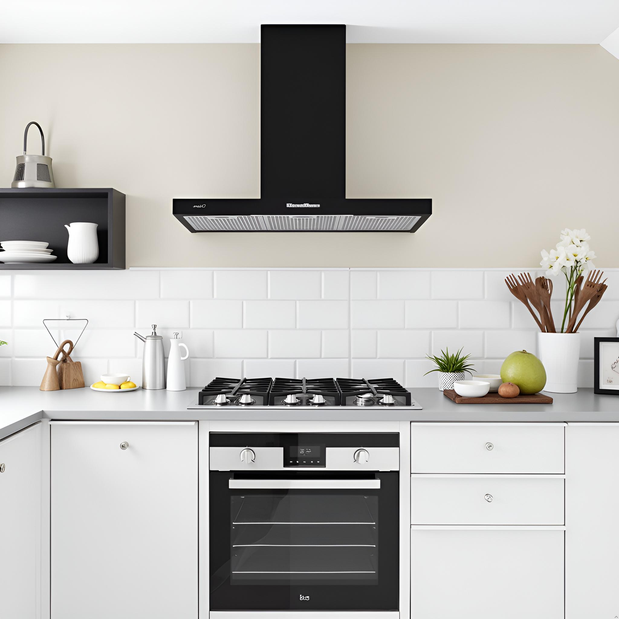 Cocina moderna con campana extractora negra, horno blanco, utensilios de madera, floreros y pared de azulejos claros.