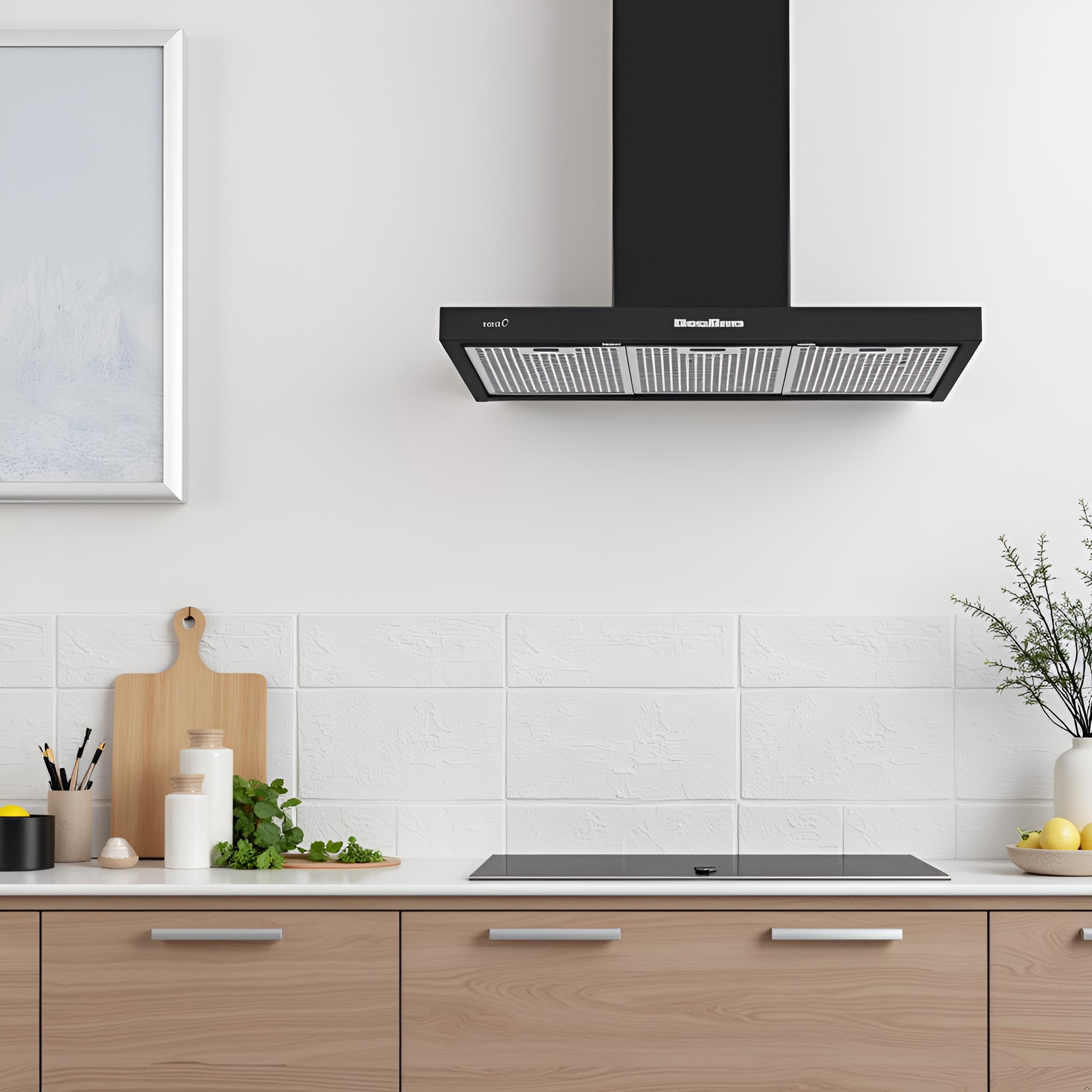 Una encimera de cocina con gabinetes de madera, placa negra, campana extractora moderna y azulejos blancos.