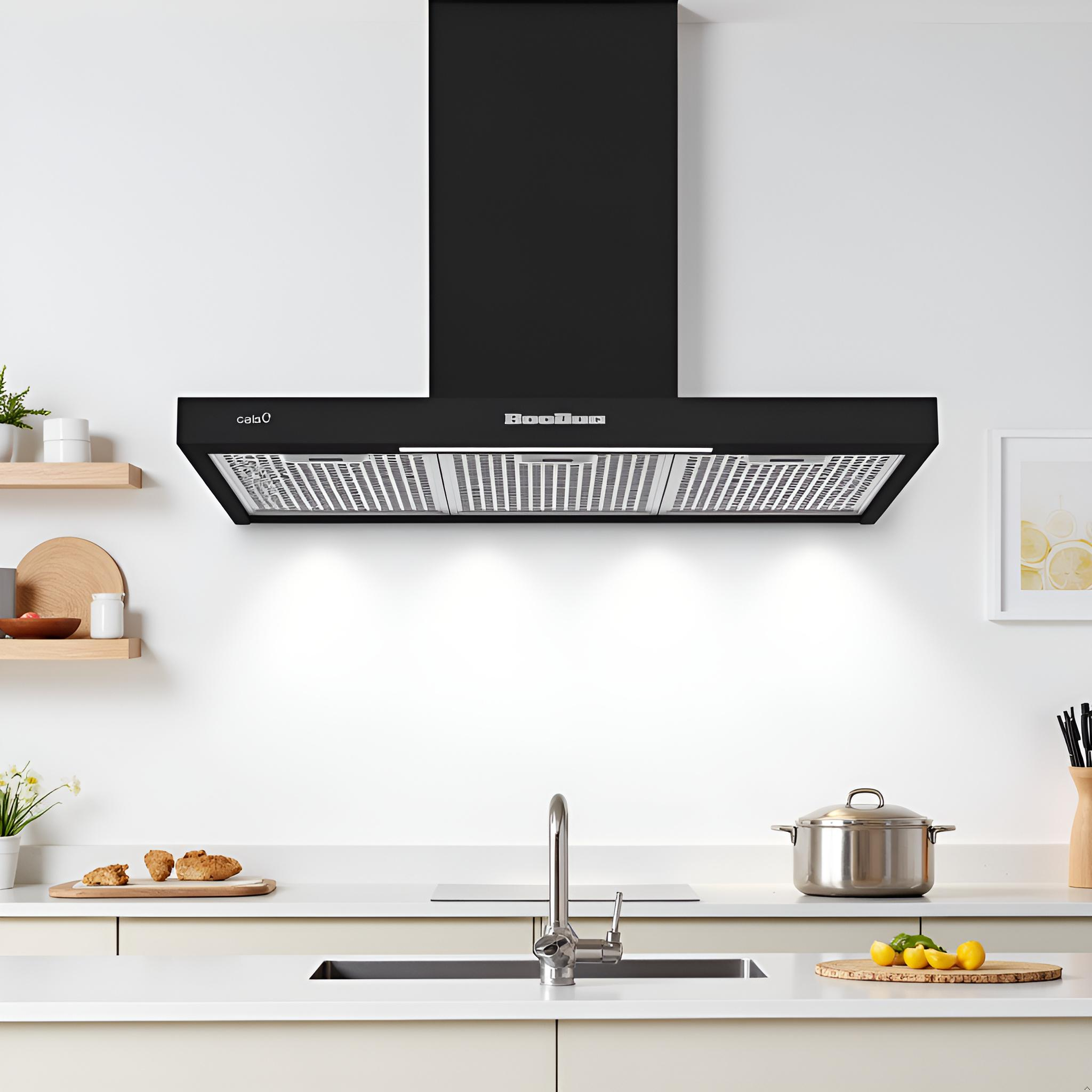 Una campana extractora negra cuelga sobre una encimera de cocina moderna con fregadero, grifo y olla en pared blanca.