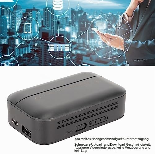 Ein schwarzer mobiler Router mit USB-Anschluss und Statusleuchten vor weißem Hintergrund, darüber Stadt- und Netzwerkgrafik.