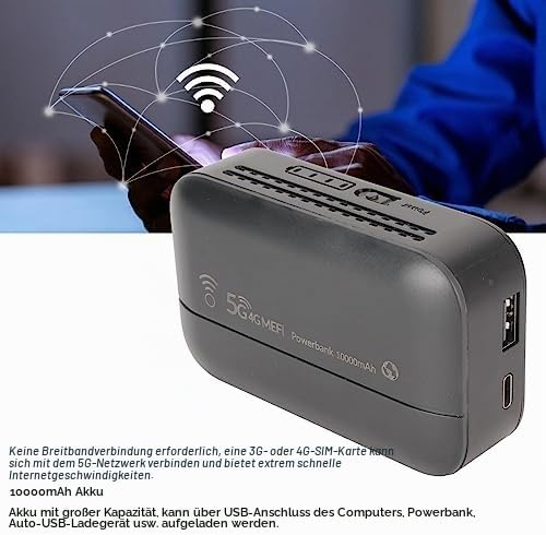 Schwarze 5G/4G MEFI Powerbank mit 10000mAh, USB-Anschlüssen und verbundenem Smartphone im Hintergrund.