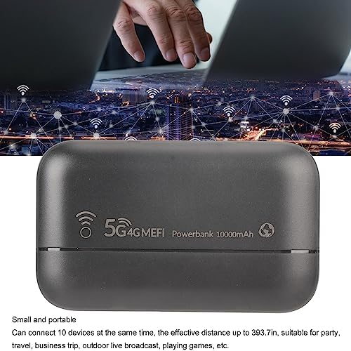 Schwarze 5G/4G MEFI Powerbank mit 10000mAh vor einem verschwommenen Stadthintergrund mit Netzwerksymbolen.