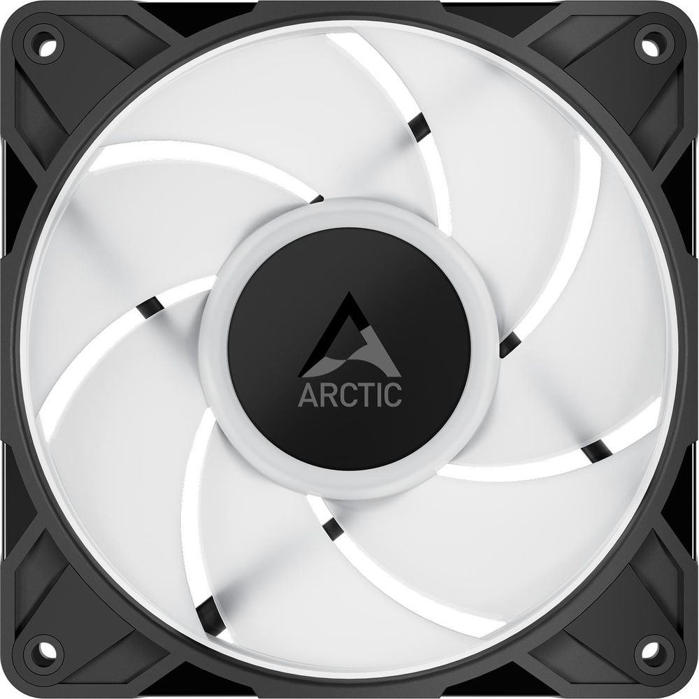 Ein schwarz-weißer ARCTIC-Computer-Lüfter mit geschwungenen Blättern und einem zentralen Logo.
