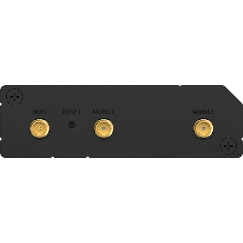 Schwarzes Gerät mit drei goldenen Antennenanschlüssen und einem Reset-Knopf auf der Vorderseite.