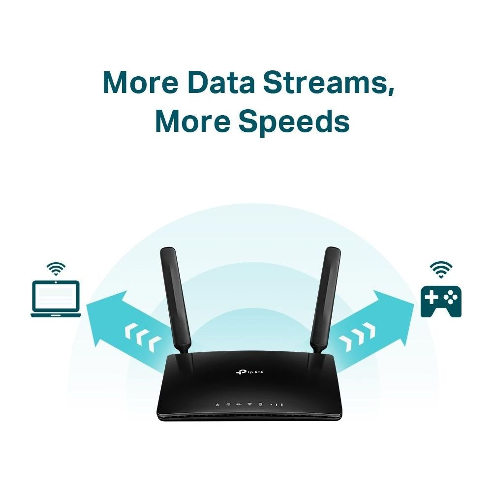 Ein schwarzer Router mit zwei Antennen sendet Daten an einen Laptop und ein Gamepad, mit Text.