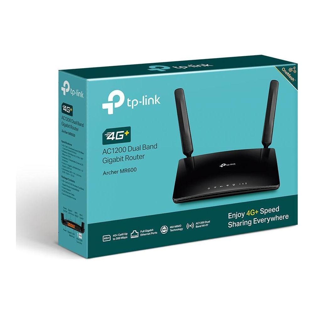 TP-Link Archer MR600 4G+ AC1200 Dual-Band Gigabit-Router in seiner blau-schwarzen Verpackung mit zwei Antennen.