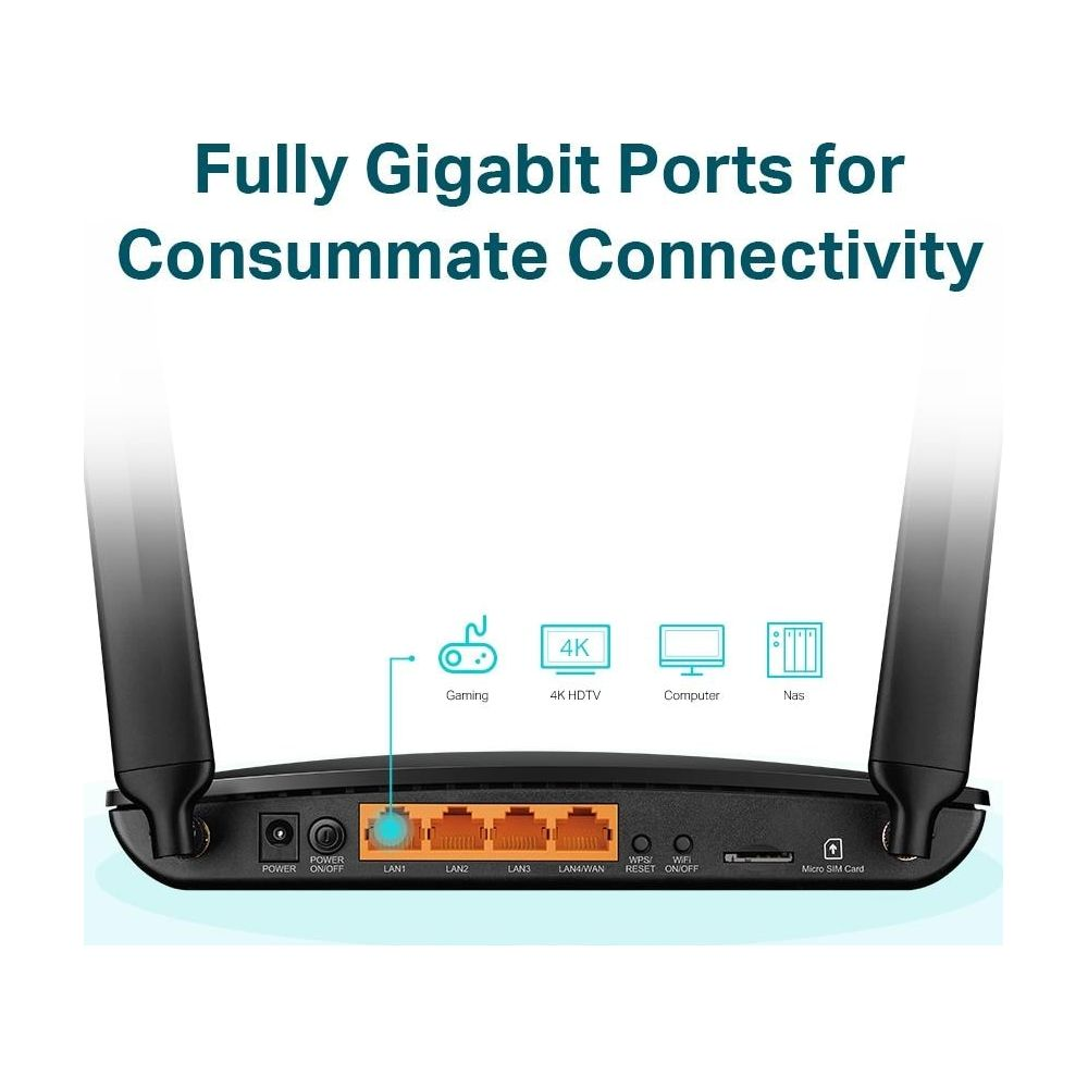 Die Rückseite eines schwarzen Routers mit Gigabit-Anschlüssen für Gaming, 4K-TV, Computer und NAS sowie zwei Antennen.