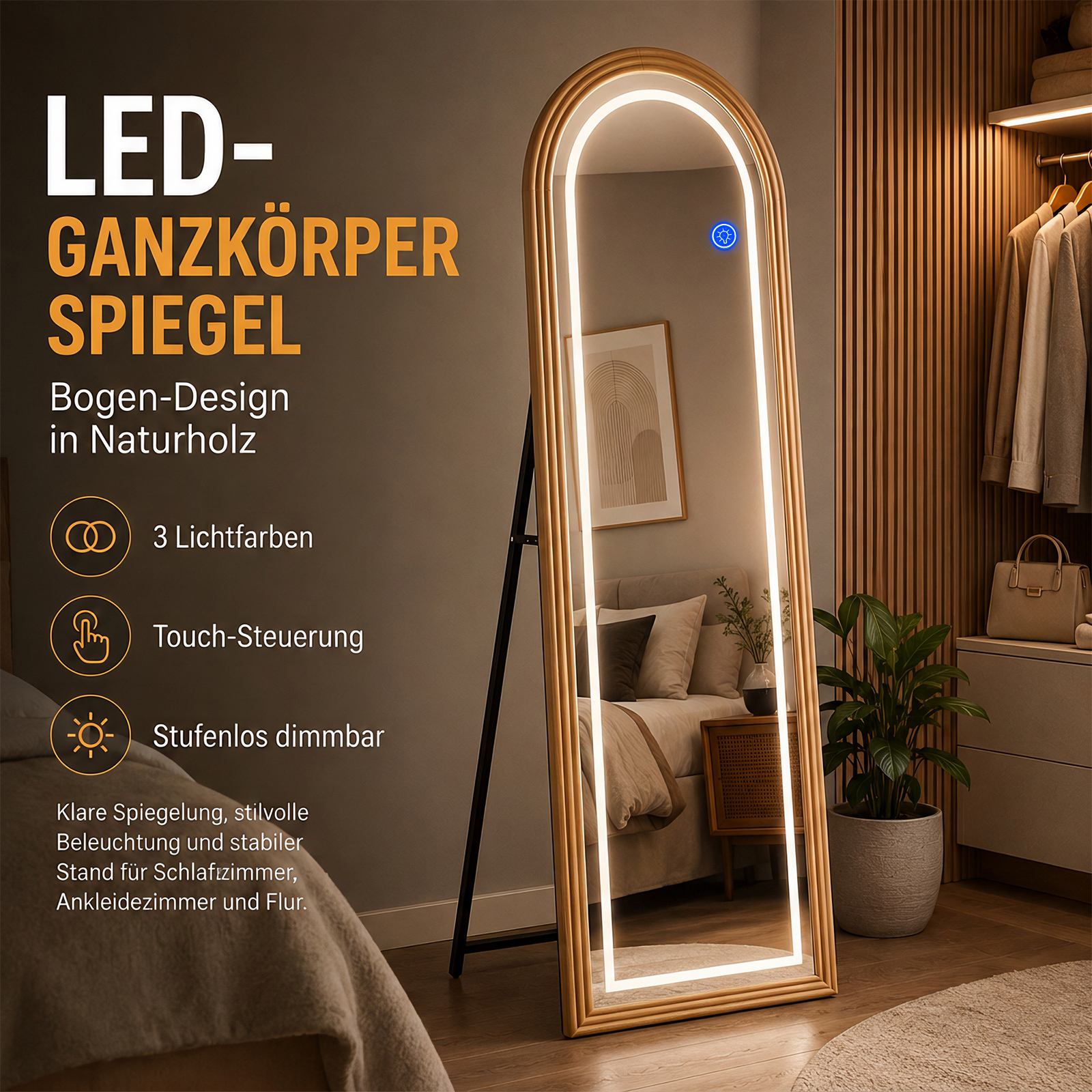 Bogenförmiger LED-Ganzkörperspiegel in Holzrahmen mit integrierter Beleuchtung in einem stilvollen Schlafzimmer.