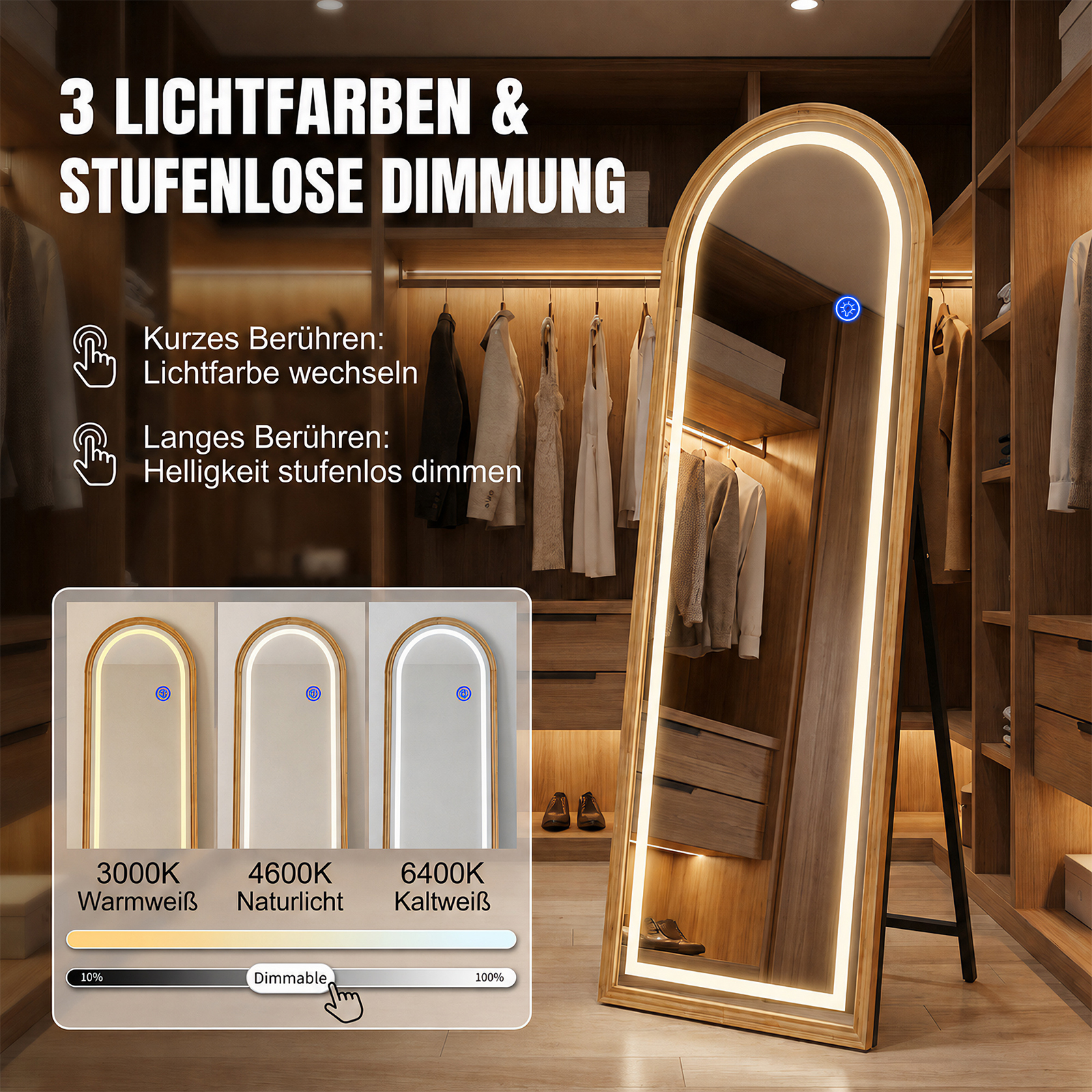 Ein beleuchteter Standspiegel mit Holzrahmen in einem begehbaren Kleiderschrank mit deutscher Anleitung.