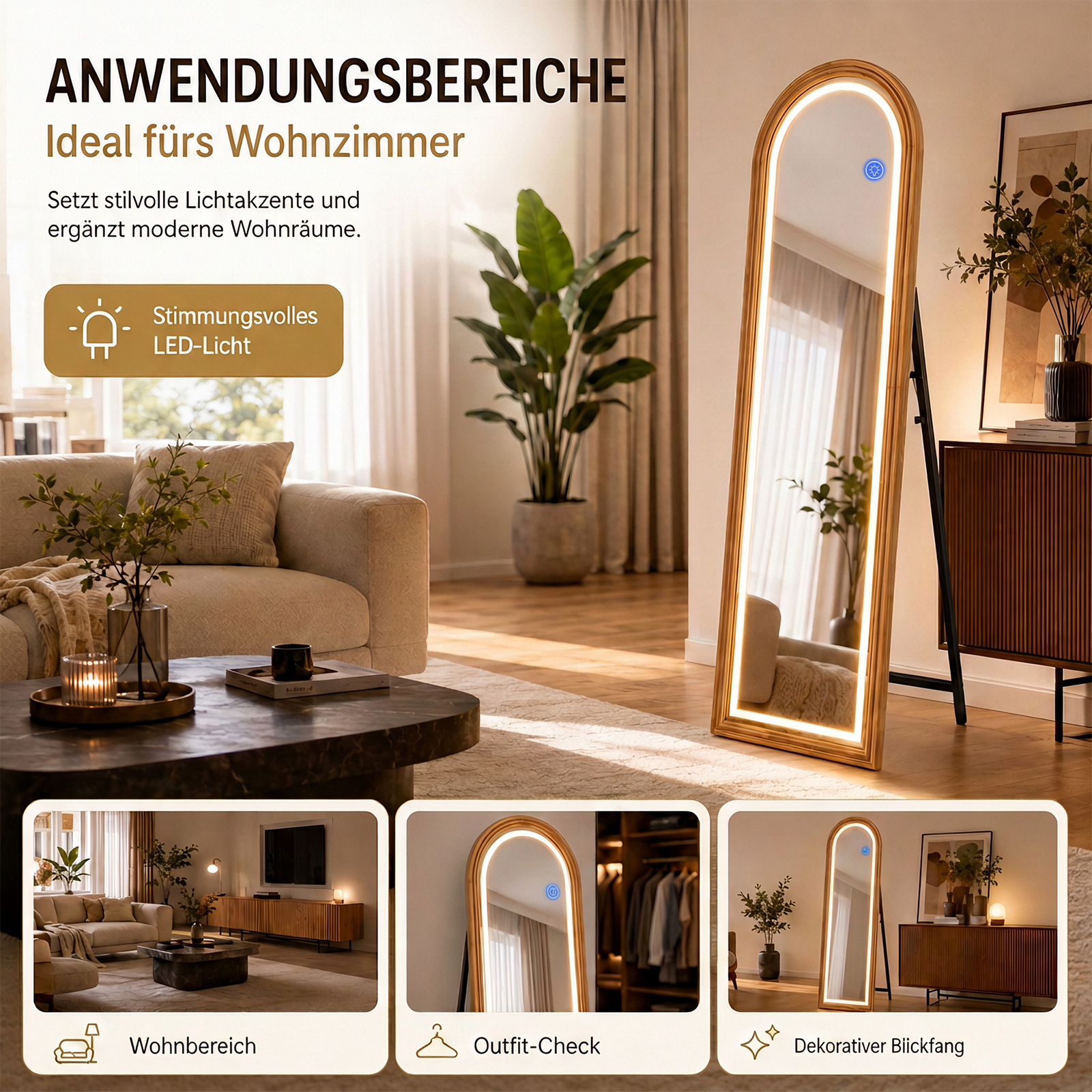 Beleuchteter Ganzkörperspiegel mit Holzrahmen in einem modernen Wohnzimmer mit Sofa und Pflanzen.