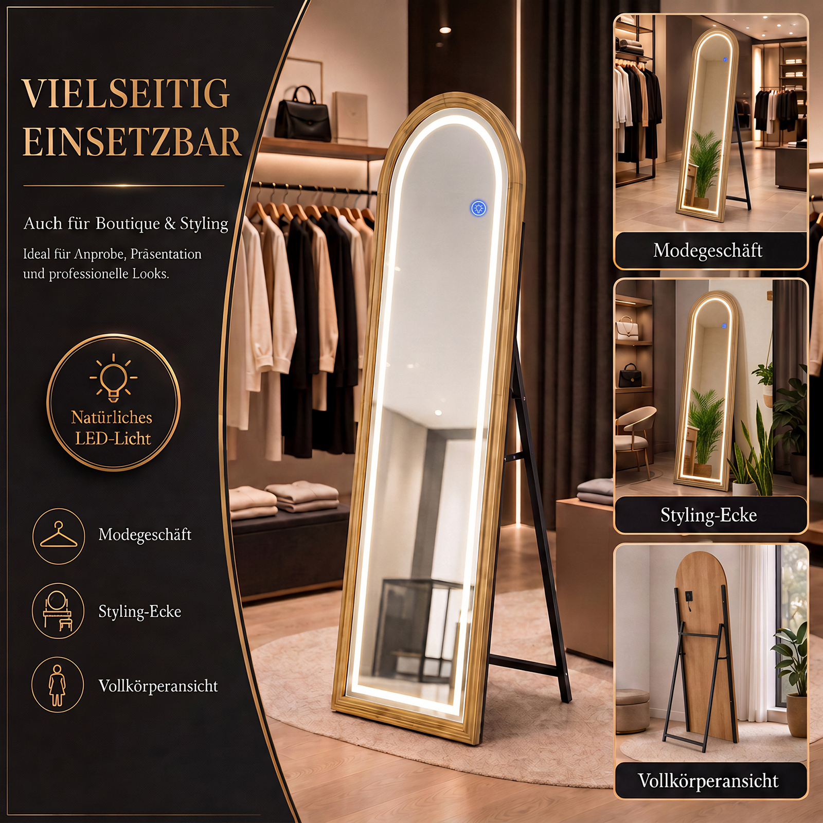Ein gewölbter LED-Standspiegel mit Holzrahmen in verschiedenen Räumen mit Textüberlagerungen.