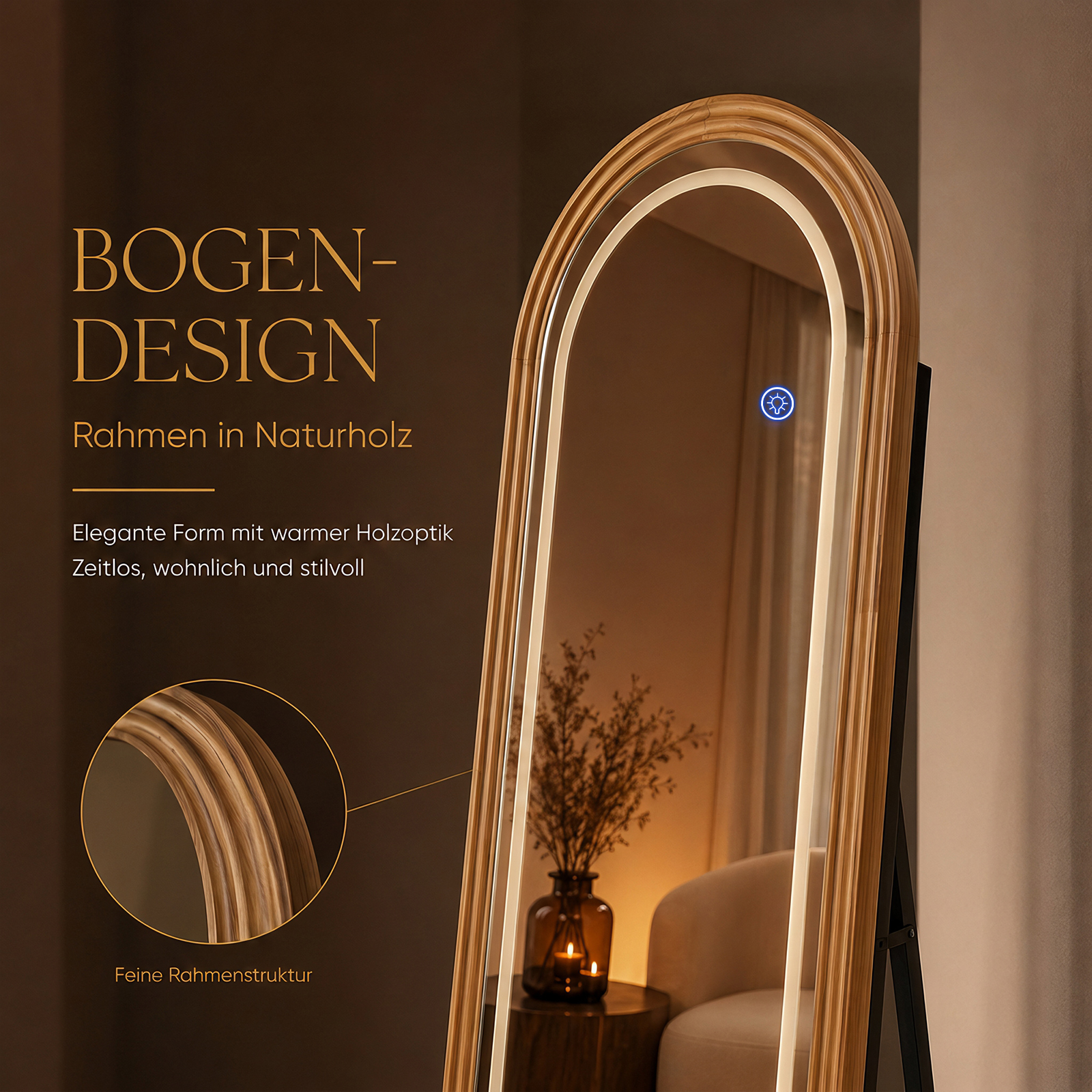 Ein Bogen-Standspiegel mit Holzrahmen und integrierter LED-Beleuchtung zeigt seine Textur in einem Detailausschnitt.