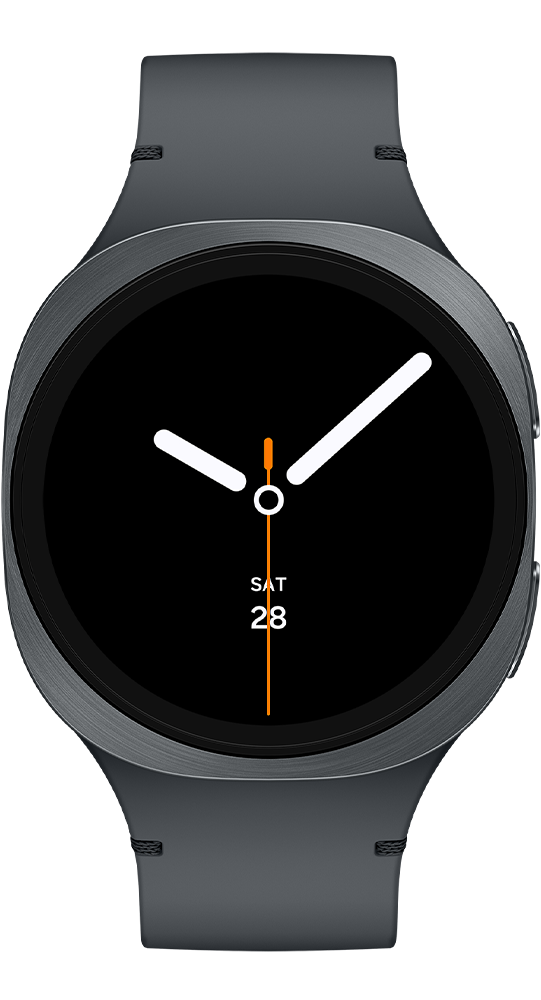 Uno smartwatch scuro con quadrante nero, lancette bianche, lancetta dei secondi arancione e cinturino grigio.