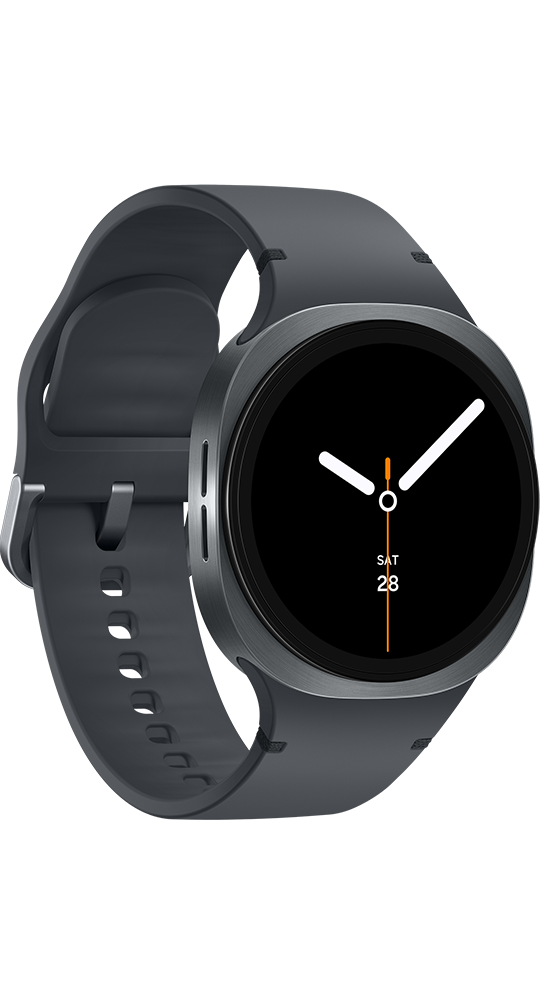 Uno smartwatch elegante con cassa e cinturino grigi, quadrante nero e lancette bianche che mostrano l'ora su sfondo nero.