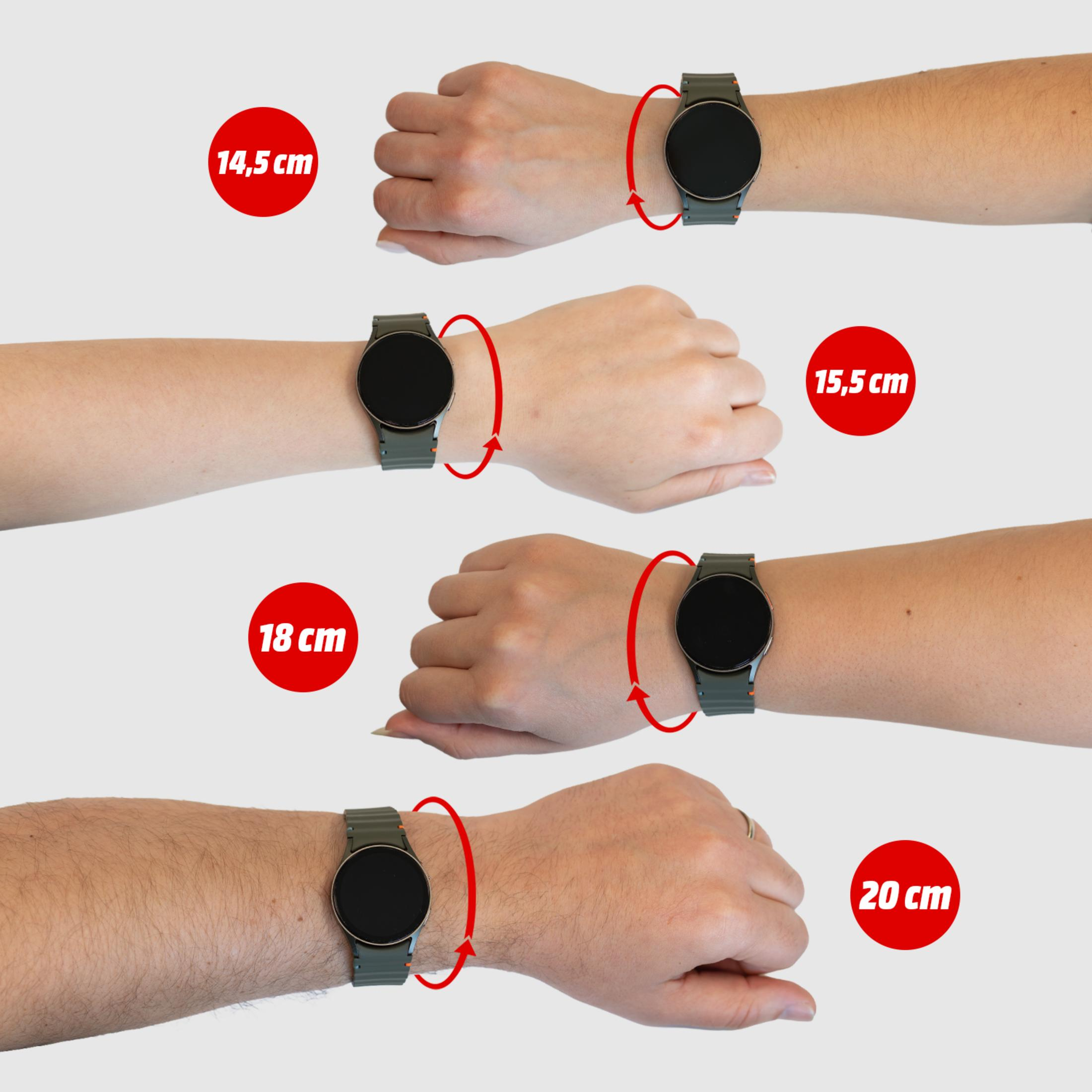 Quattro polsi mostrano uno smartwatch verde con misure da 14,5 cm a 20 cm.