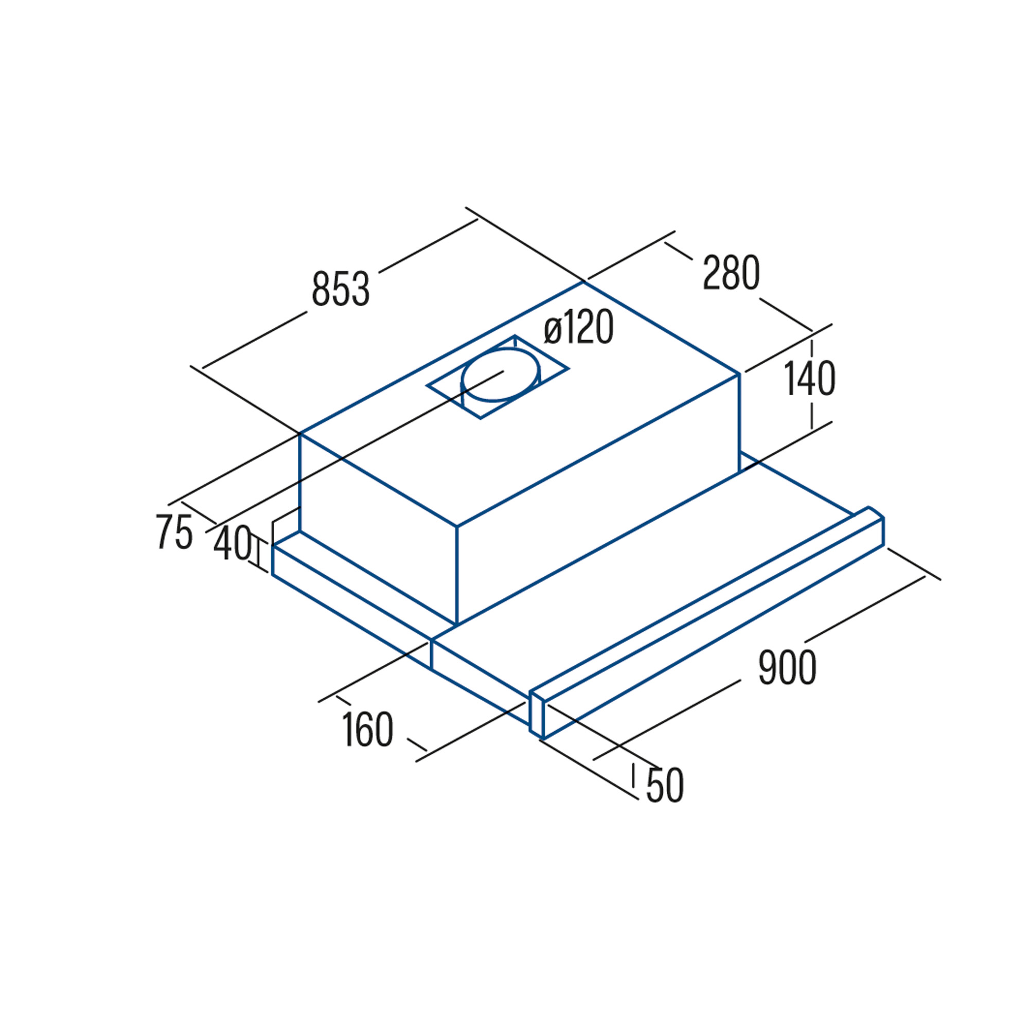Dibujo técnico de una campana extractora rectangular con medidas.