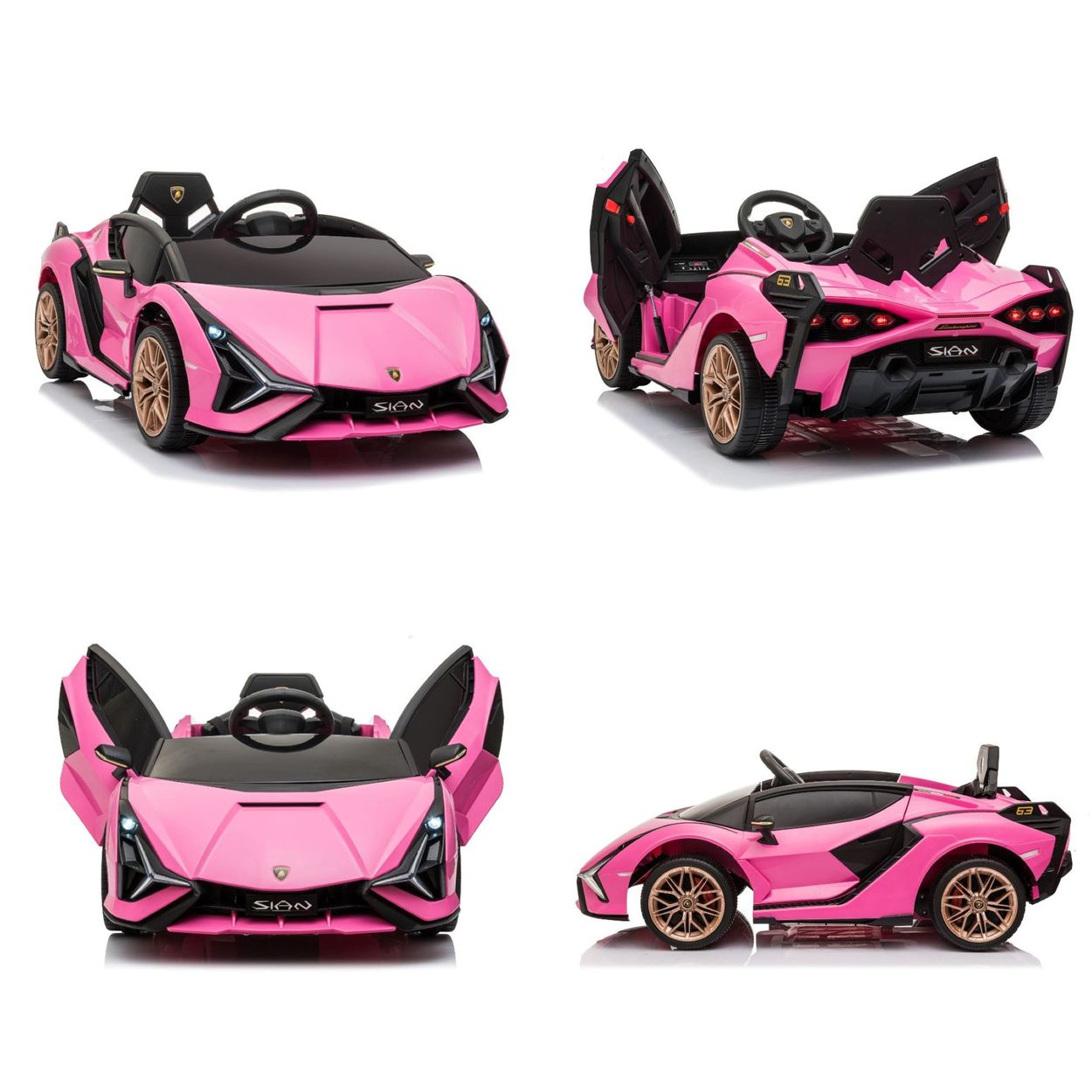 Vier Ansichten eines rosa Lamborghini-Spielzeugsportwagens mit goldfarbenen Rädern.