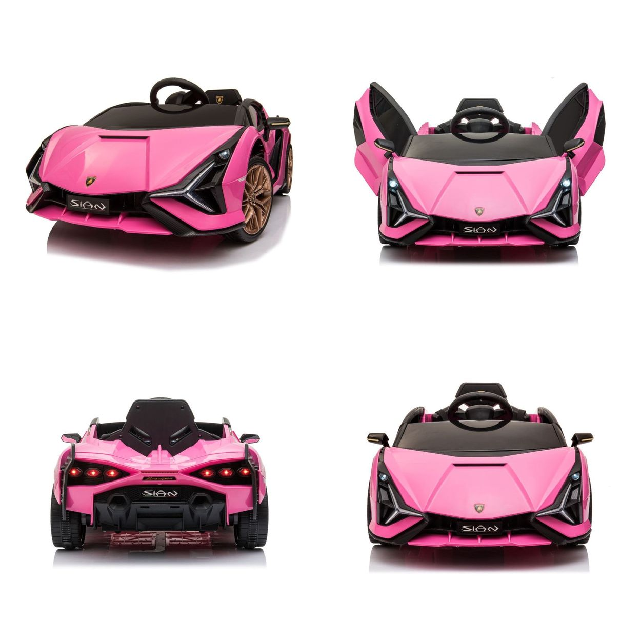 Vier Ansichten eines pinken Lamborghini Sian Kinderautos mit Flügeltüren.