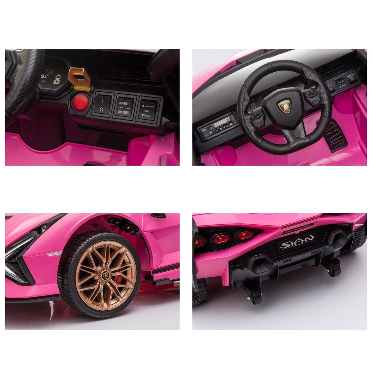Vier Ansichten eines rosa Spielzeug-Lamborghini Sian mit Armaturenbrett, Lenkrad, bronzenem Rad und Heck.