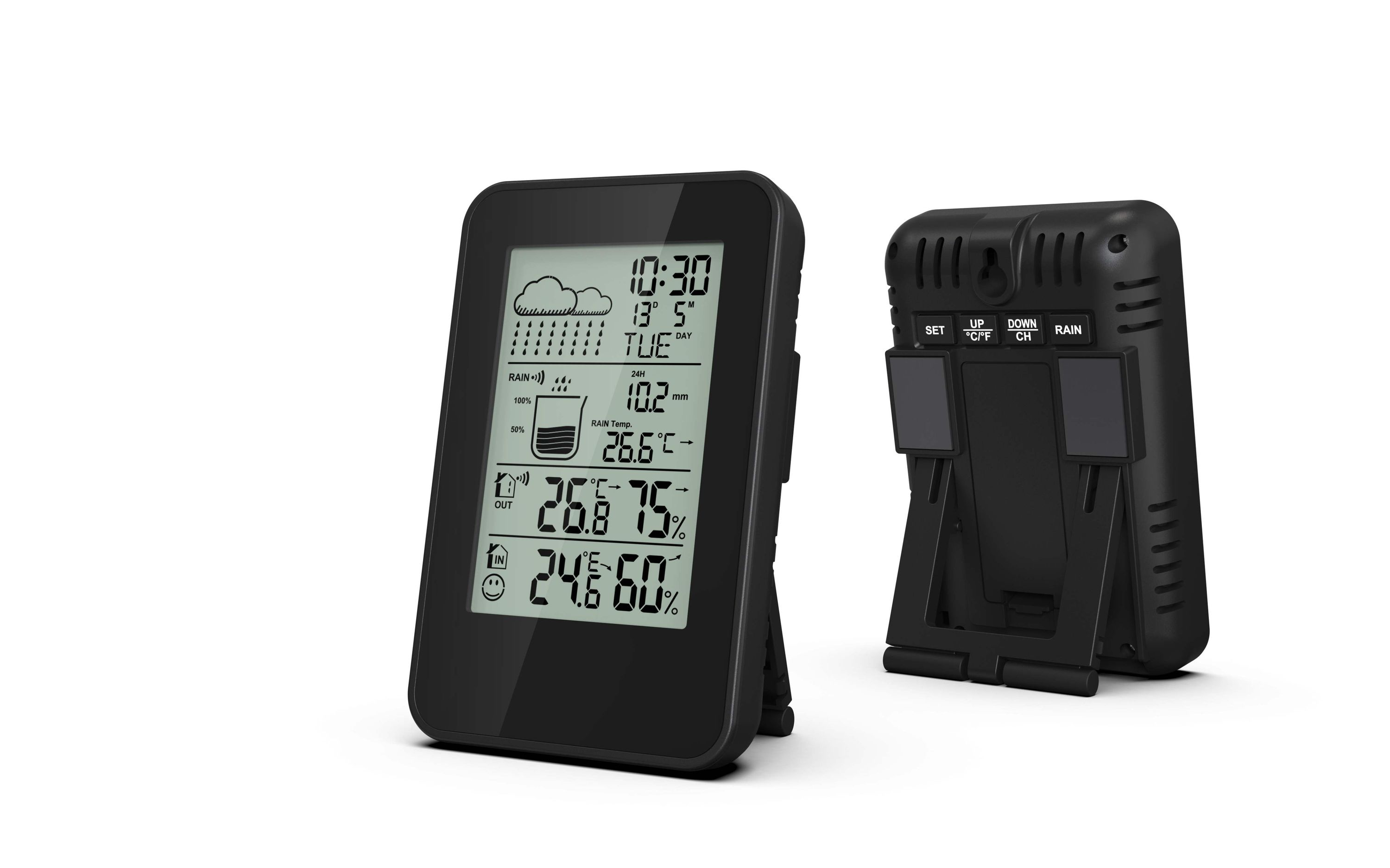 Wetterstation mit digitalem Display und separatem Aussensensor auf weissem Hintergrund.