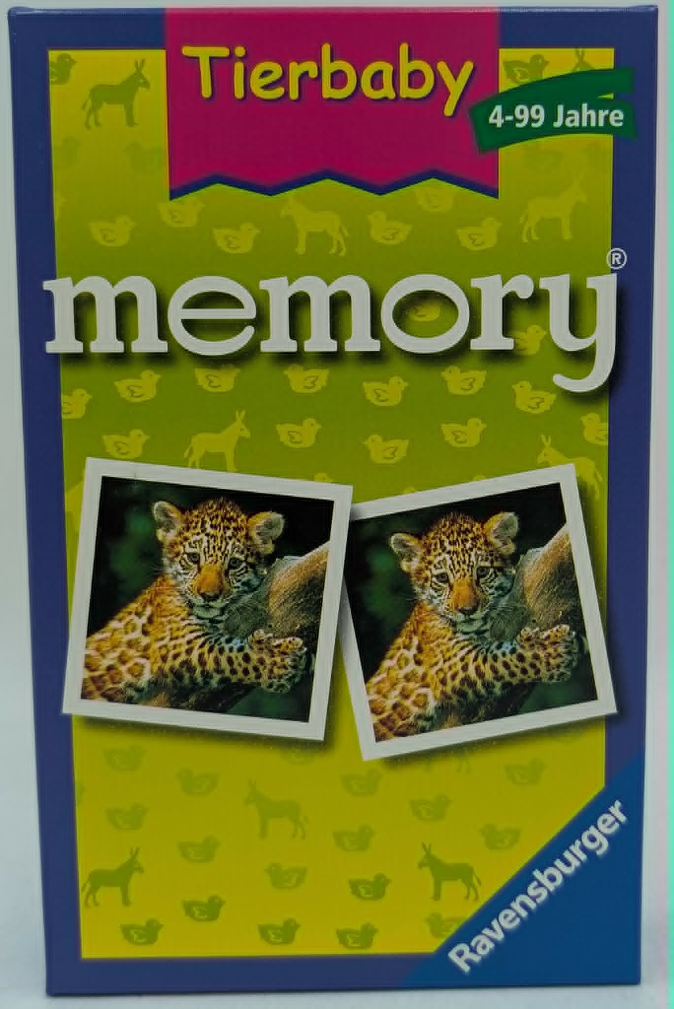 Ravensburger Tierbaby Memory Spielbox mit zwei Leopardenbabysfotos auf dem gelb-grünen Deckel.