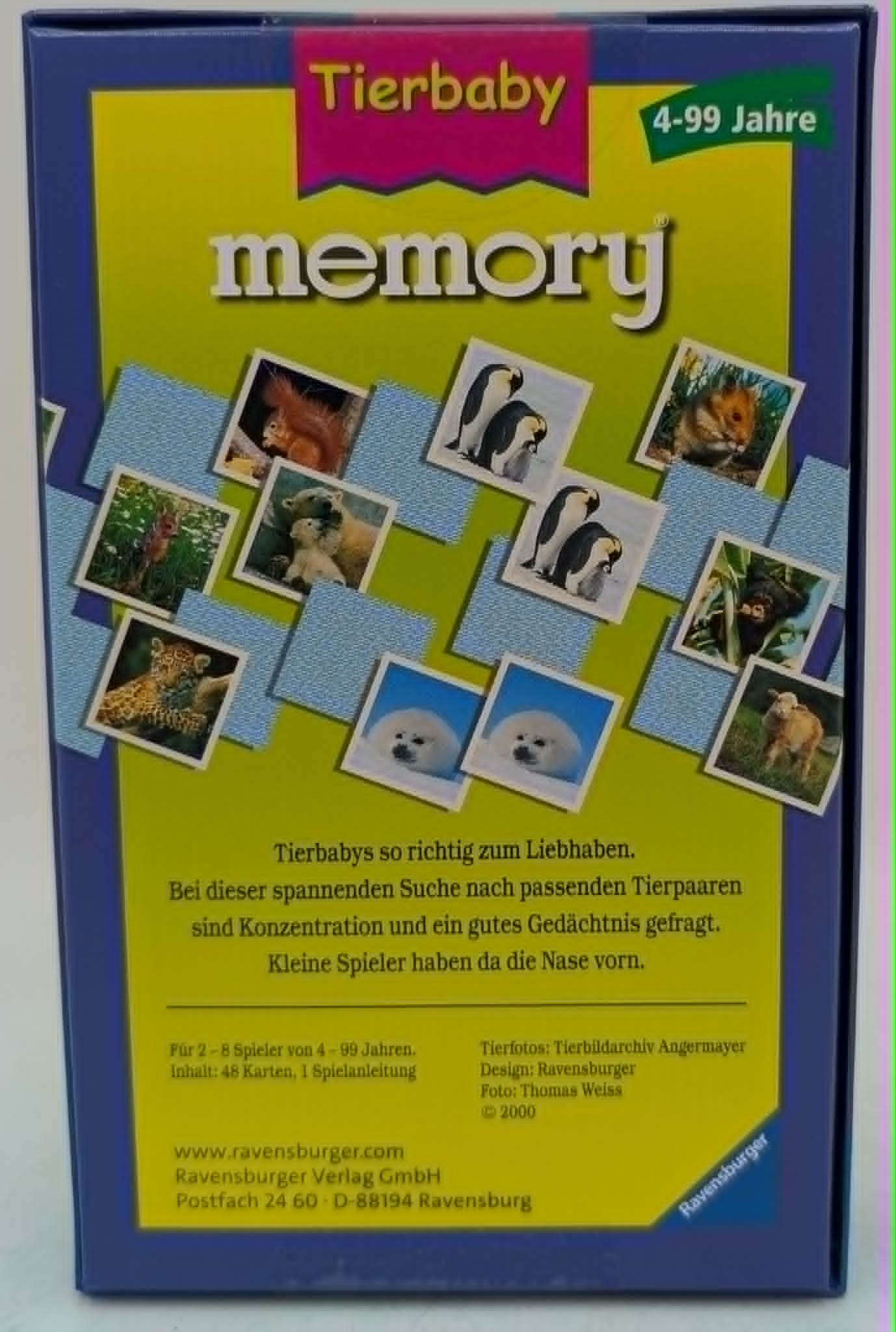 Spielverpackung von Ravensburger Tierbaby Memory mit kleinen Tierfotos auf gelbem Grund.