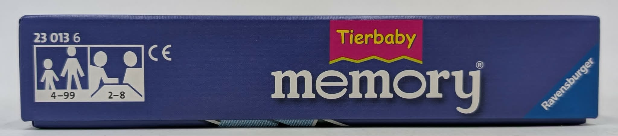 Blaue Ravensburger Memory Tierbaby Schachtelseite mit Altersangabe 4-99 und 2-8 Spielern.
