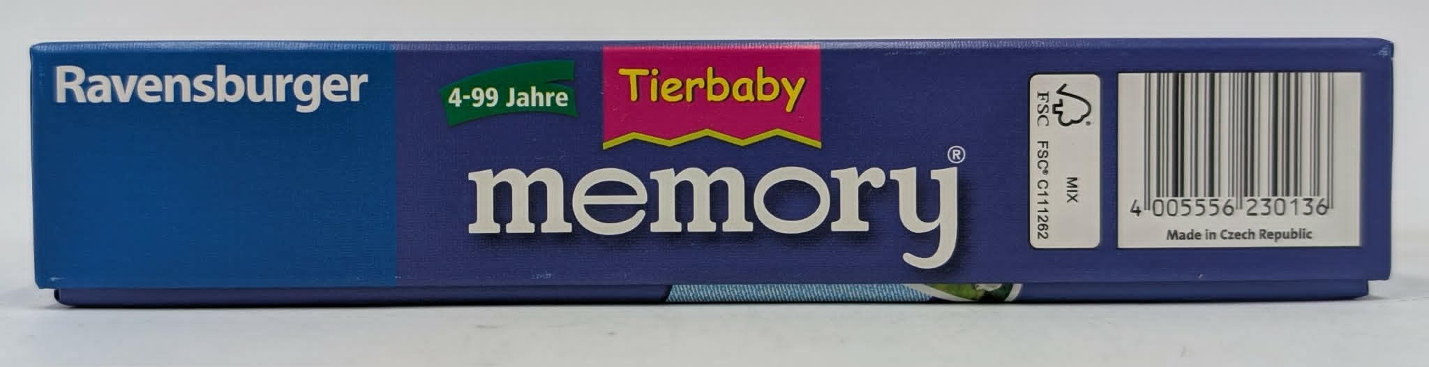 Blaue Ravensburger Tierbaby memory Schachtelseite mit Logo, Altersempfehlung, Strichcode und FSC-Siegel.