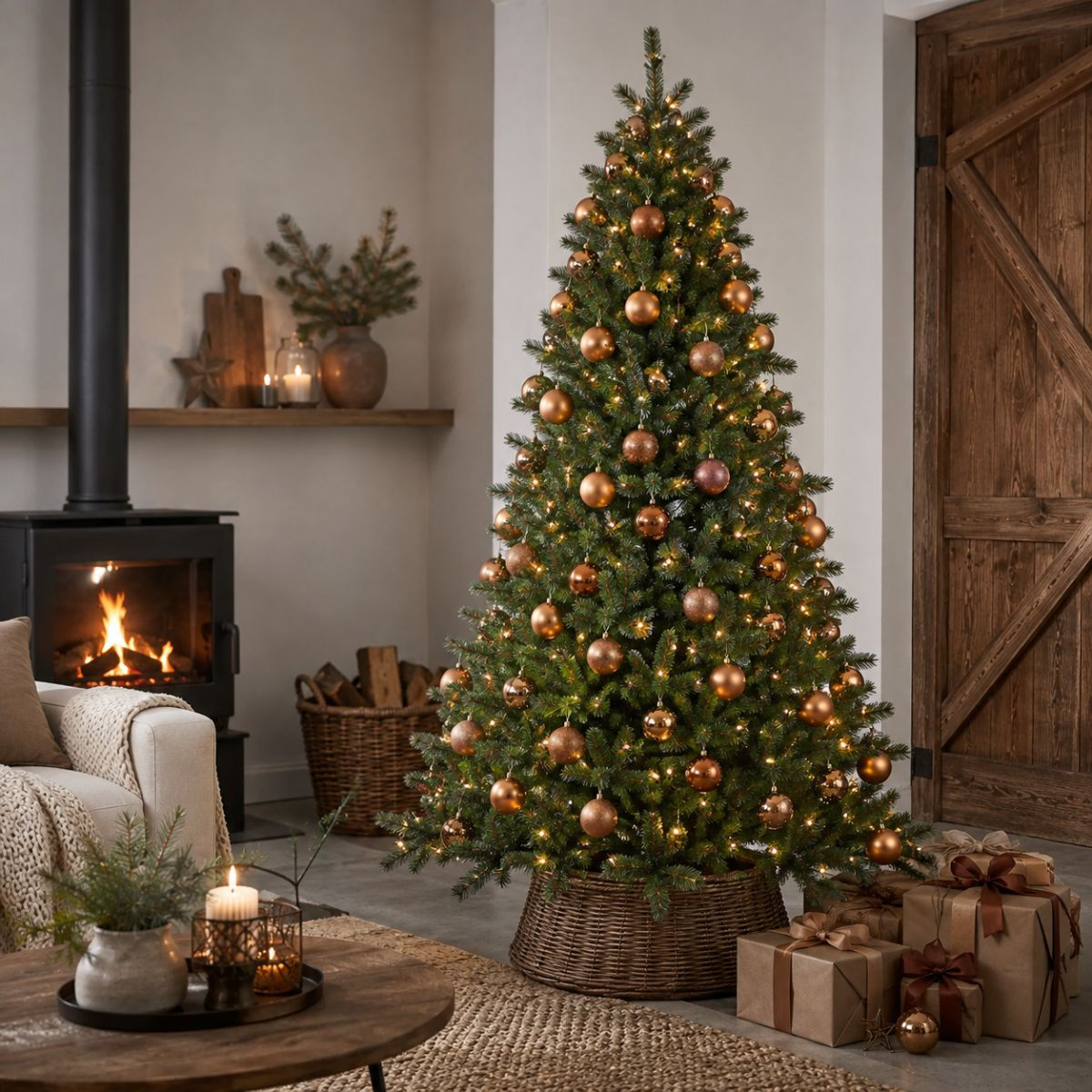 Een versierde kerstboom met bronzen ballen en lichtjes staat in een gezellige woonkamer.