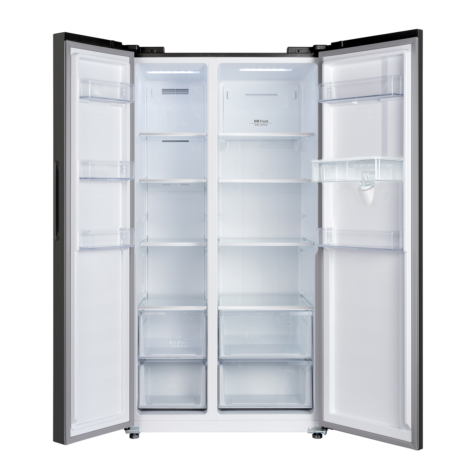 Un réfrigérateur américain noir ouvert et vide, avec des étagères en verre et des balconnets.