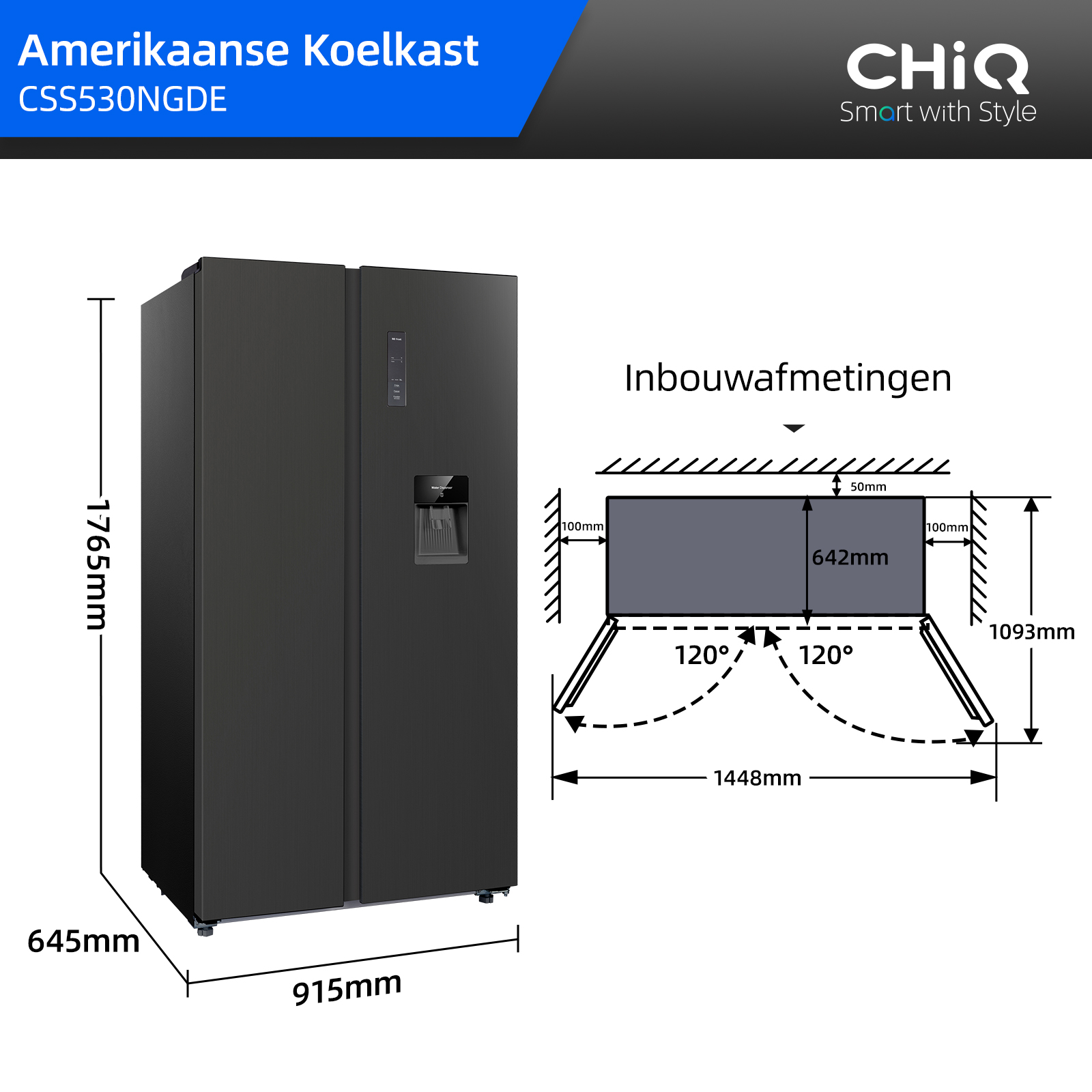Réfrigérateur américain noir CHiQ CSS530NGDE avec dimensions, distributeur d'eau et schéma d'installation.