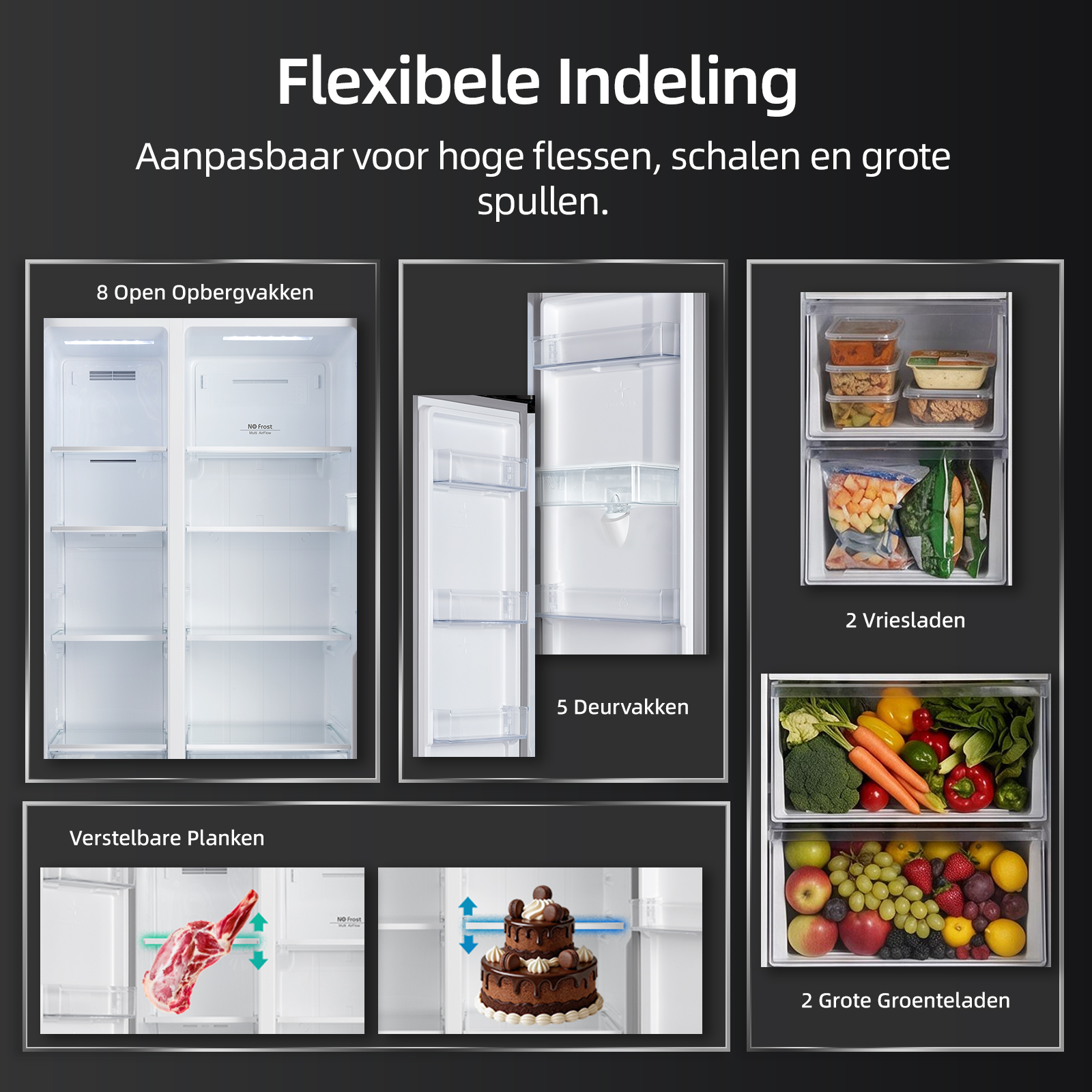 Aménagement intérieur flexible d'un réfrigérateur avec étagères réglables, balconnets de porte et tiroirs.