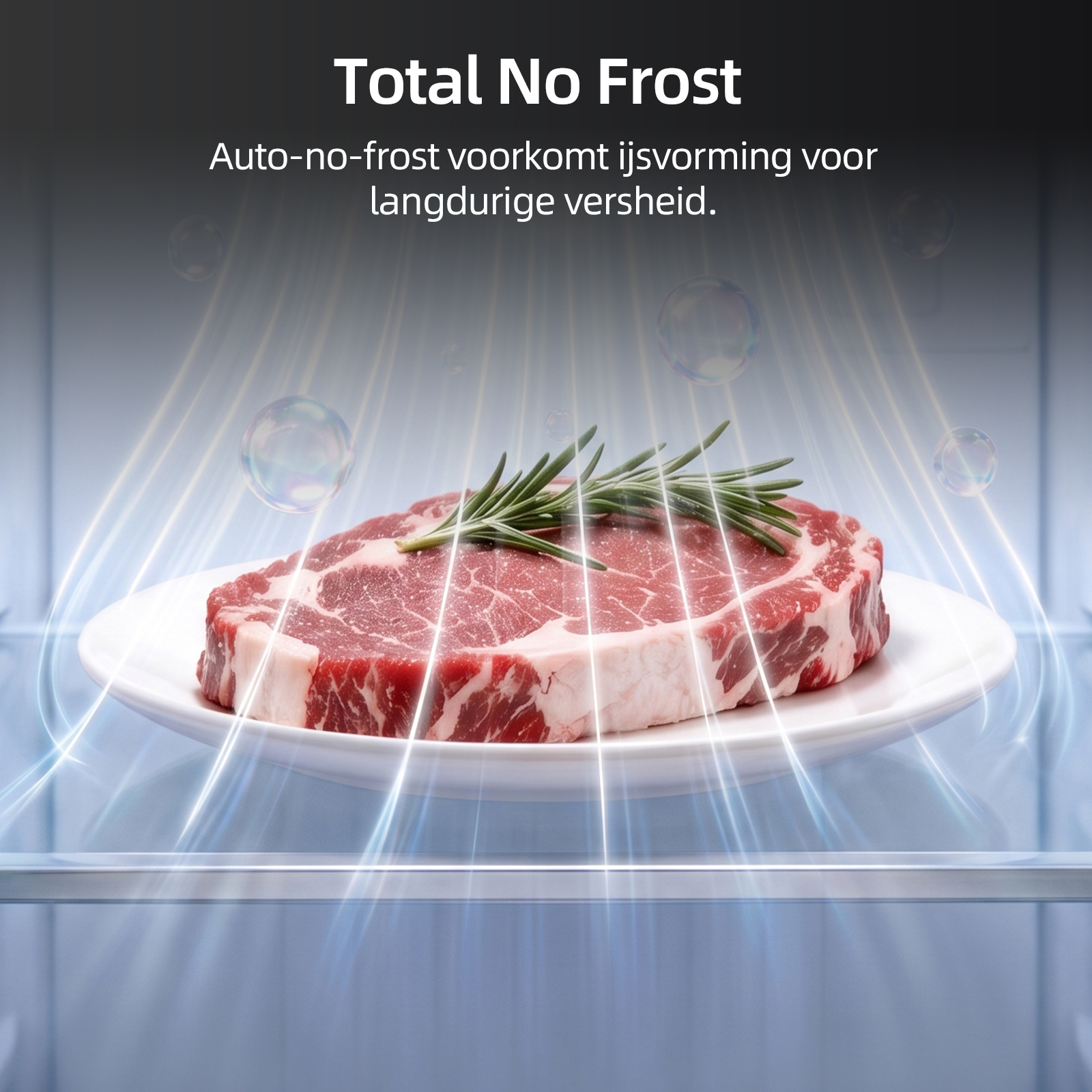 Un steak cru avec du romarin sur une assiette blanche dans un réfrigérateur avec des lignes de flux d'air.