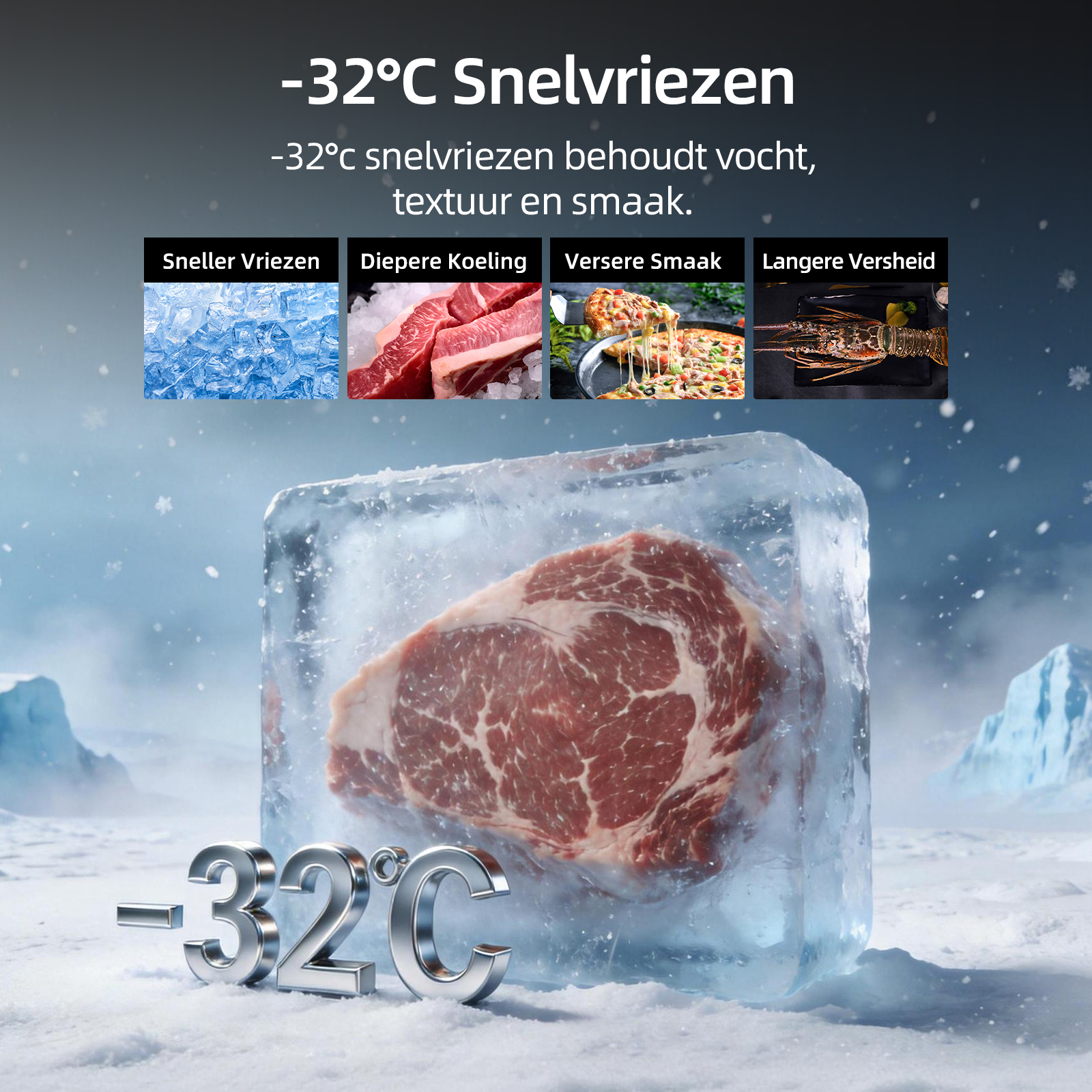 La congelation rapide à -32°C preserve la fraicheur. Un gros steak gele dans un bloc de glace sur la neige.