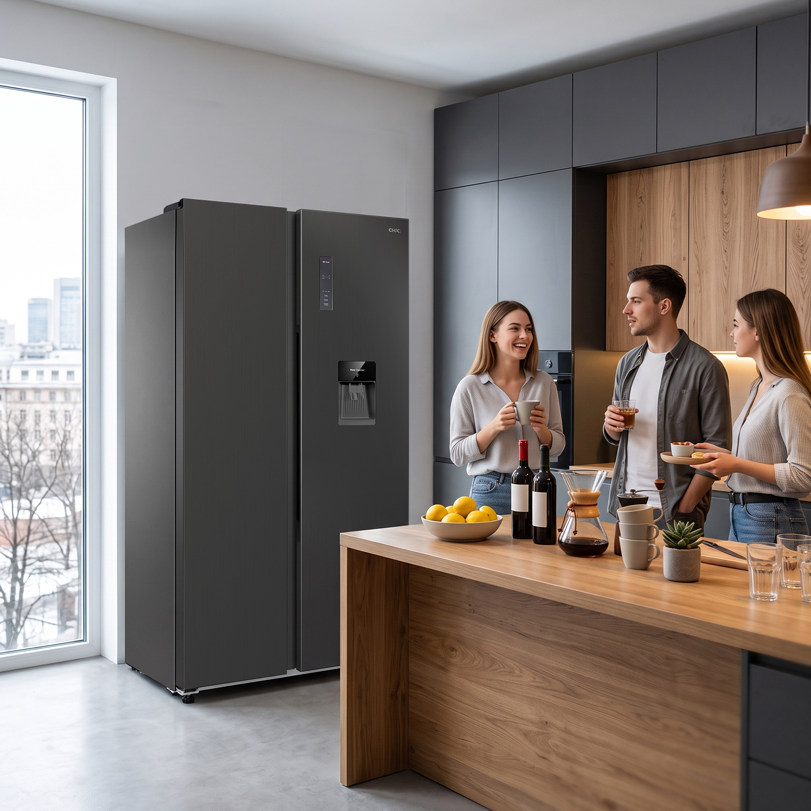 Trois personnes discutent dans une cuisine moderne dotée d'un réfrigérateur américain gris.