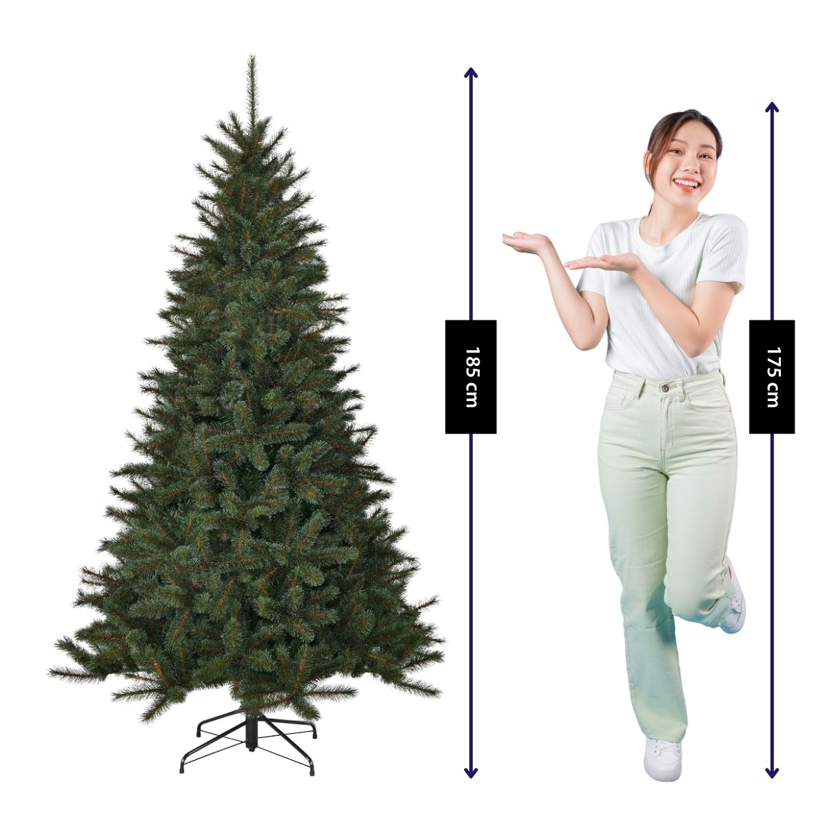 A green fir tree and a standing woman with height indicators of 185 cm and 175 cm on a white background.