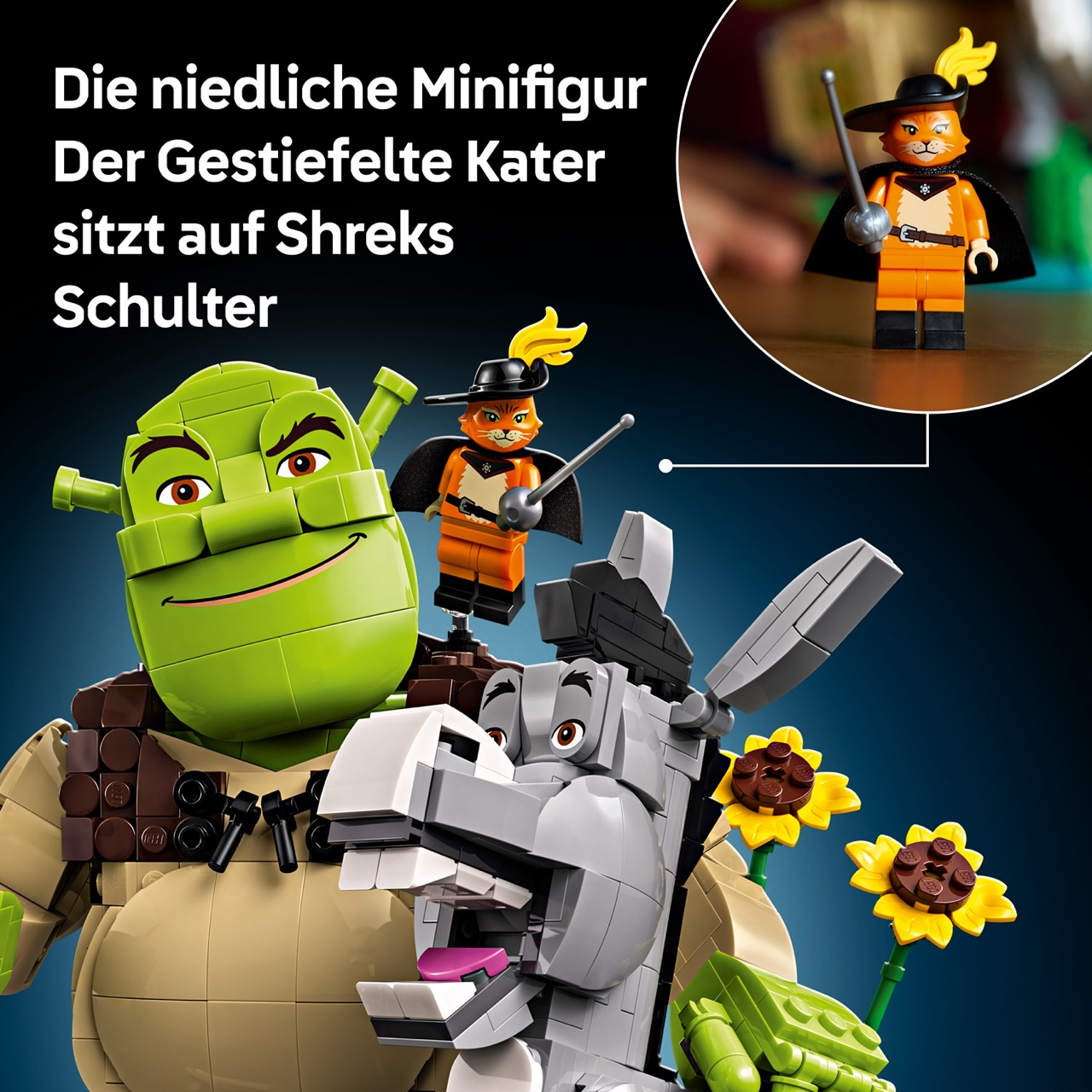 Figuras de Lego de Shrek, Burro y el Gato con Botas con girasoles.