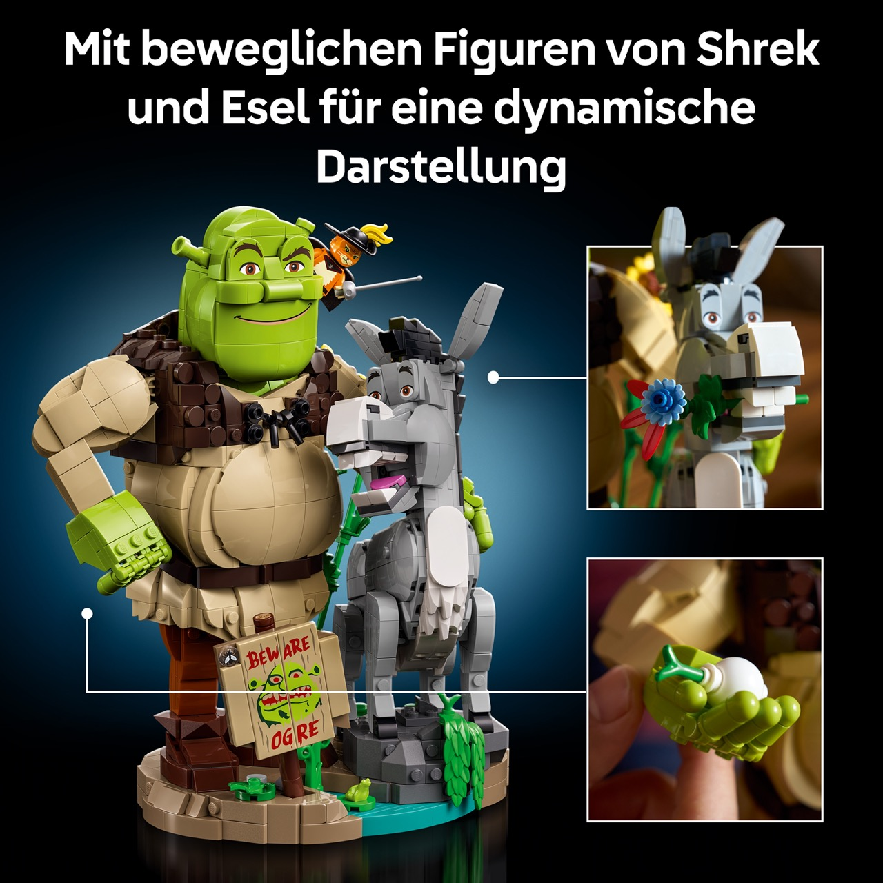 Figuras de Lego de Shrek, Burro y El Gato con Botas con detalles móviles.