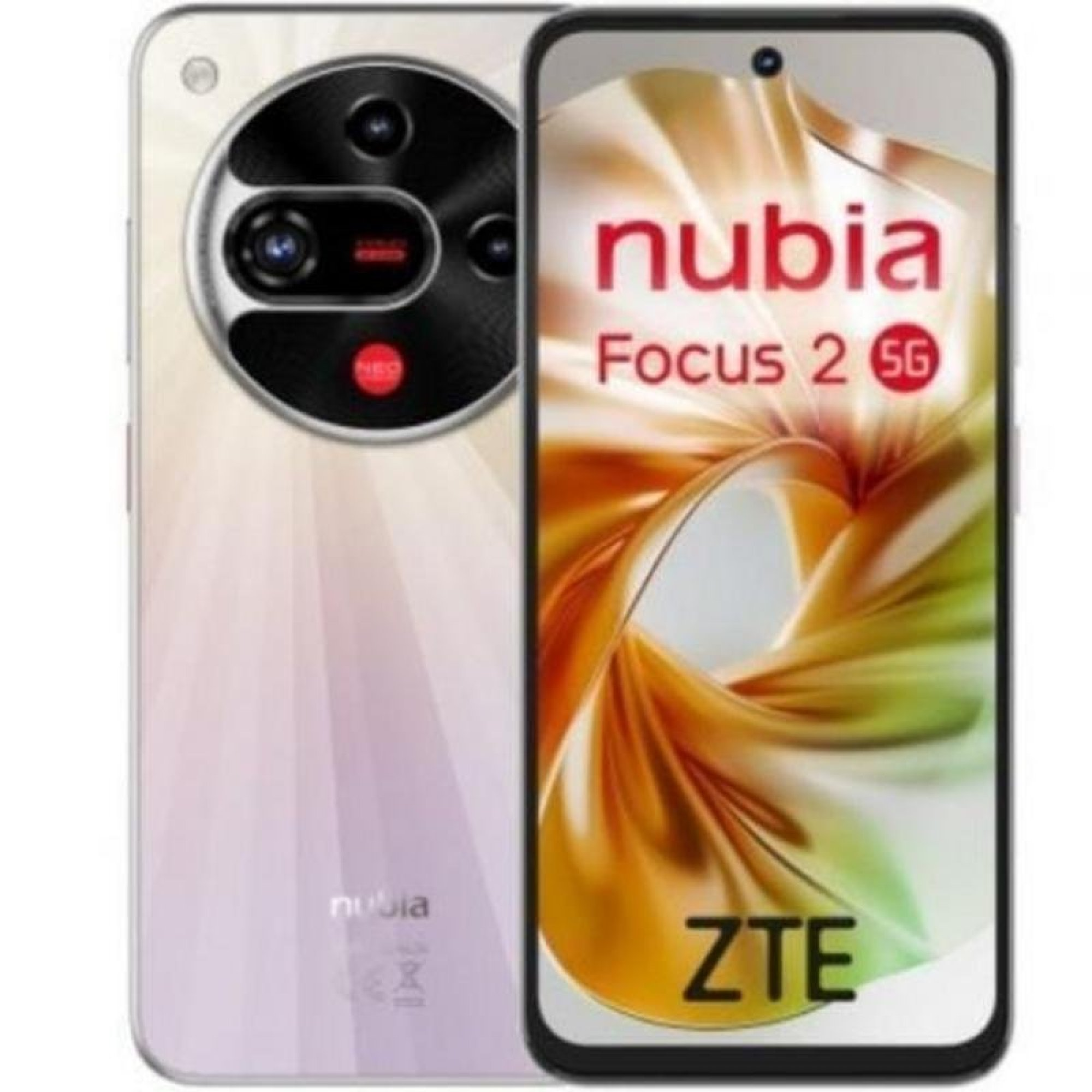 Widok z przodu i z tyłu smartfona ZTE Nubia Focus 2 5G z dużym modułem aparatu.