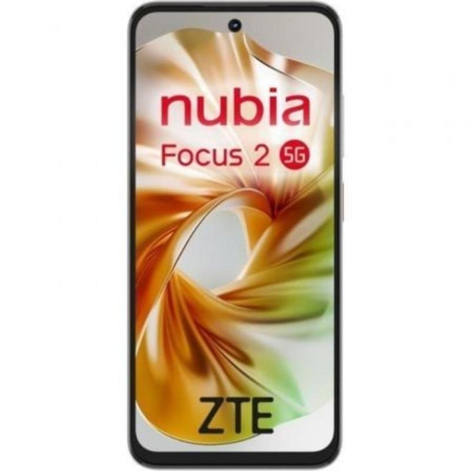 Widok z przodu smartfona ZTE Nubia Focus 2 5G z abstrakcyjną pomarańczowo-białą tapetą.