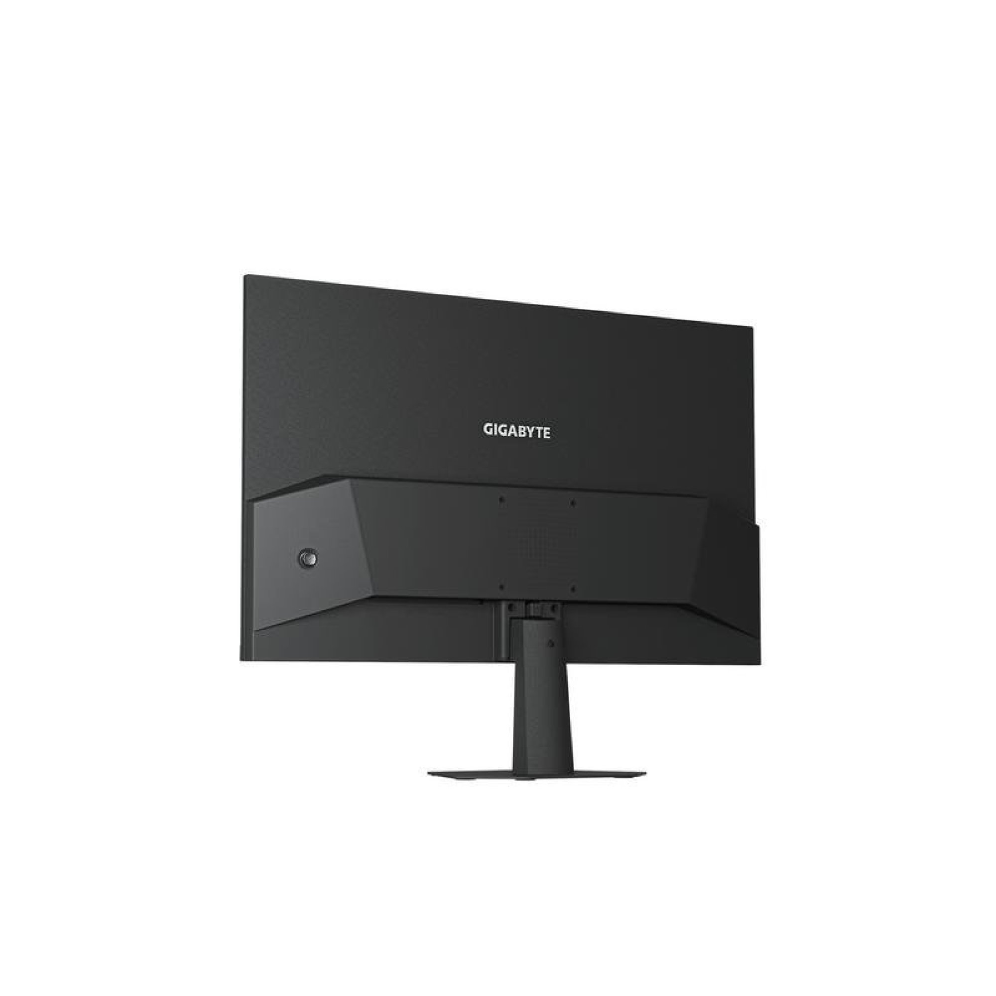 La parte trasera de un monitor Gigabyte negro con soporte sobre fondo blanco.
