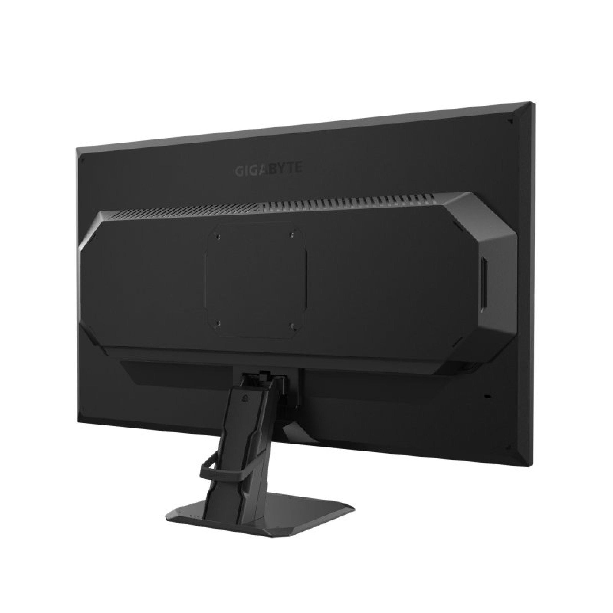 Widok z tyłu czarnego monitora Gigabyte z podstawką na białym tle.