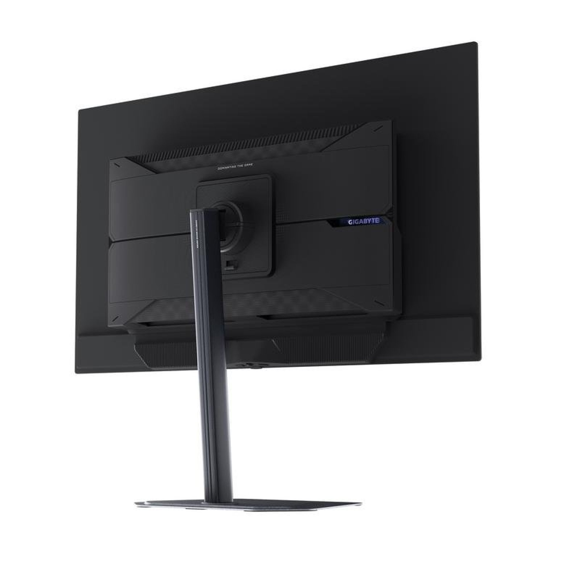 Vista posteriore di un monitor per computer Gigabyte nero su supporto, con pannello testurizzato.