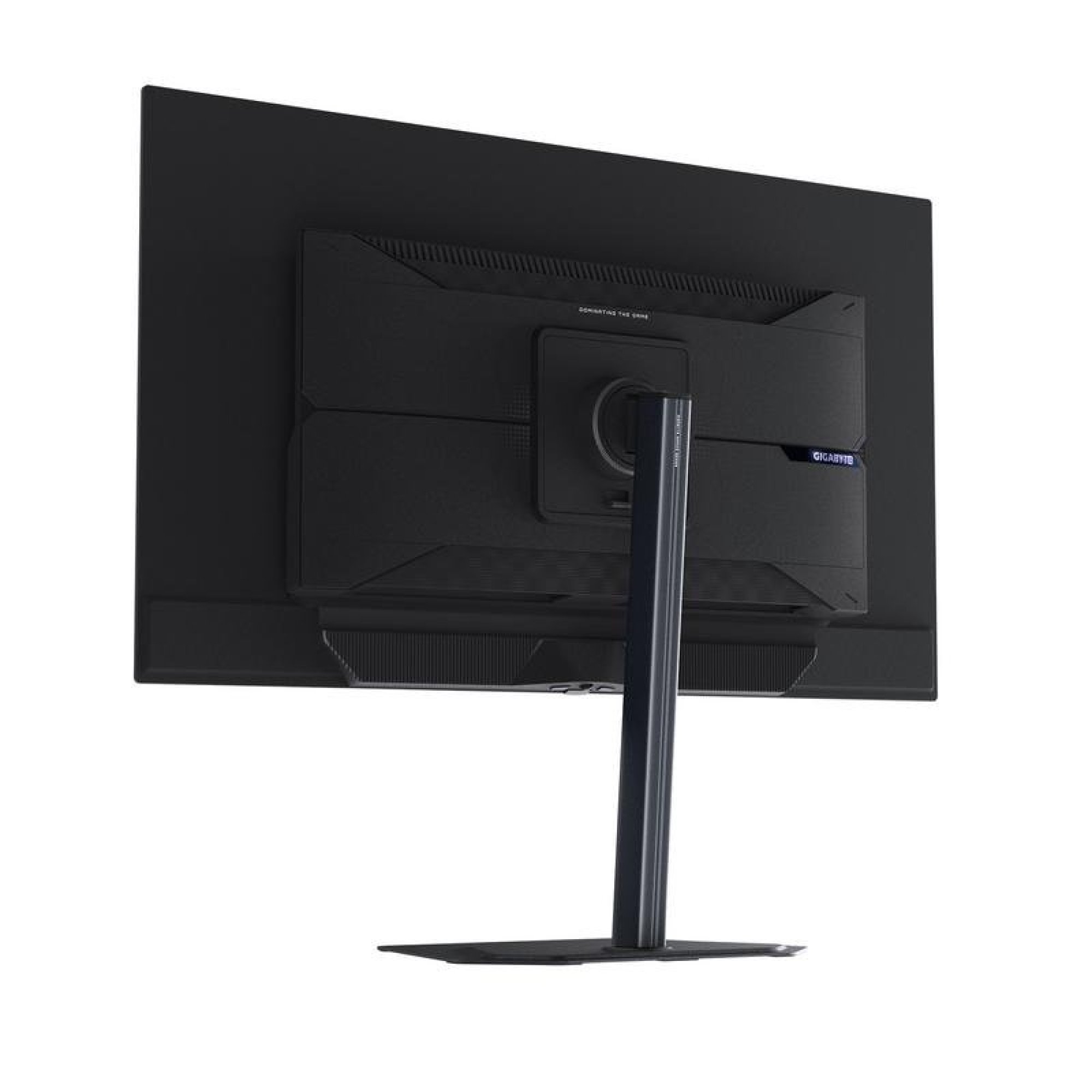Vista posteriore di un monitor Gigabyte nero con supporto regolabile su sfondo bianco.