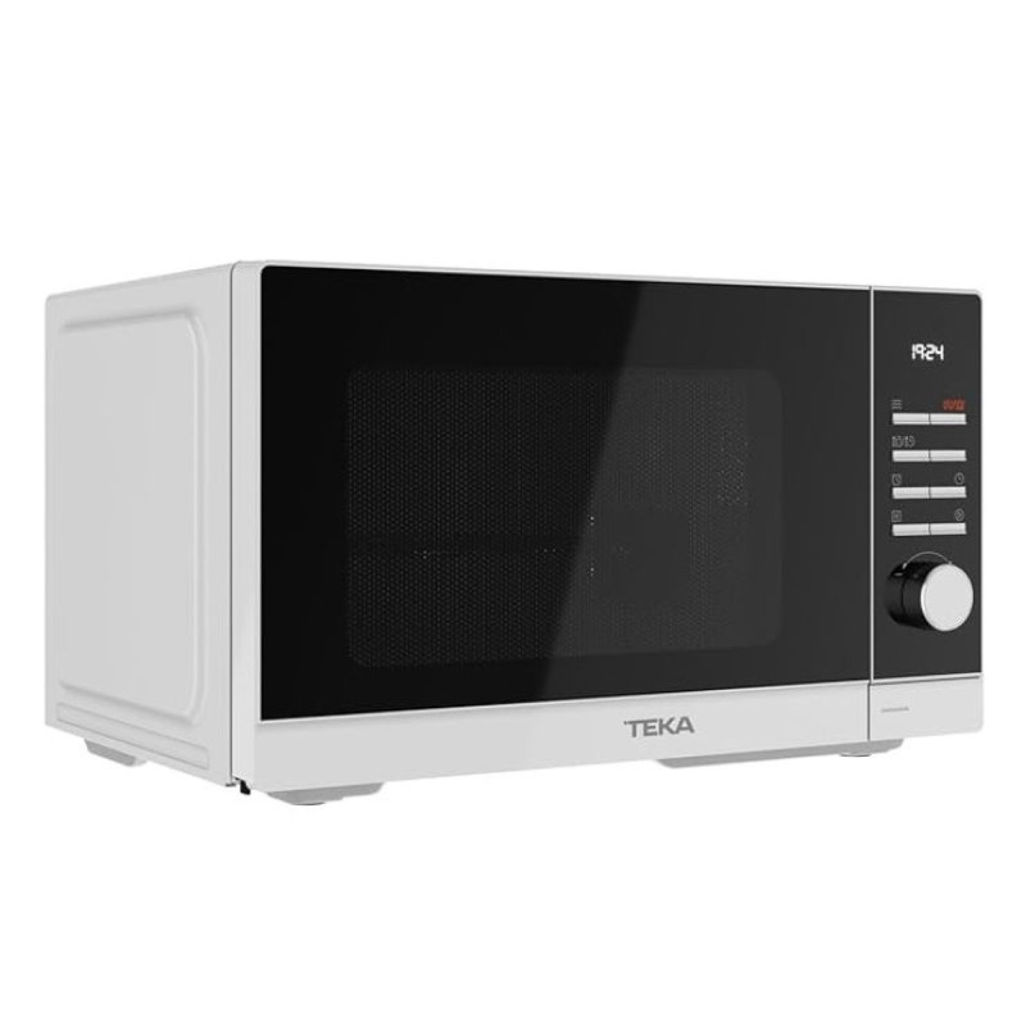 Microondas blanco con puerta de vidrio negra, pantalla digital, botones de control y rueda giratoria.