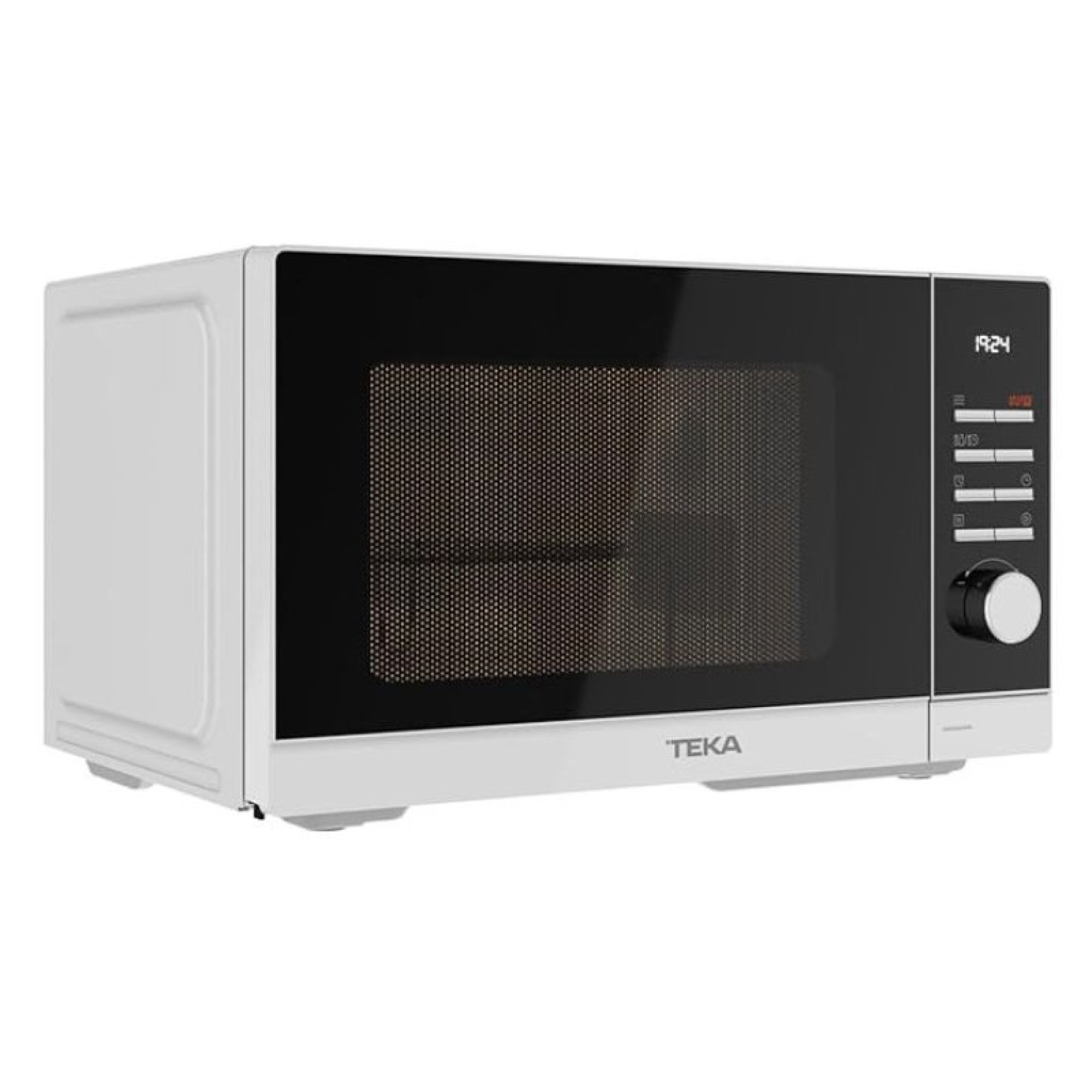 Microondas blanco Teka con puerta de cristal negro, pantalla digital y mando de control a la derecha.