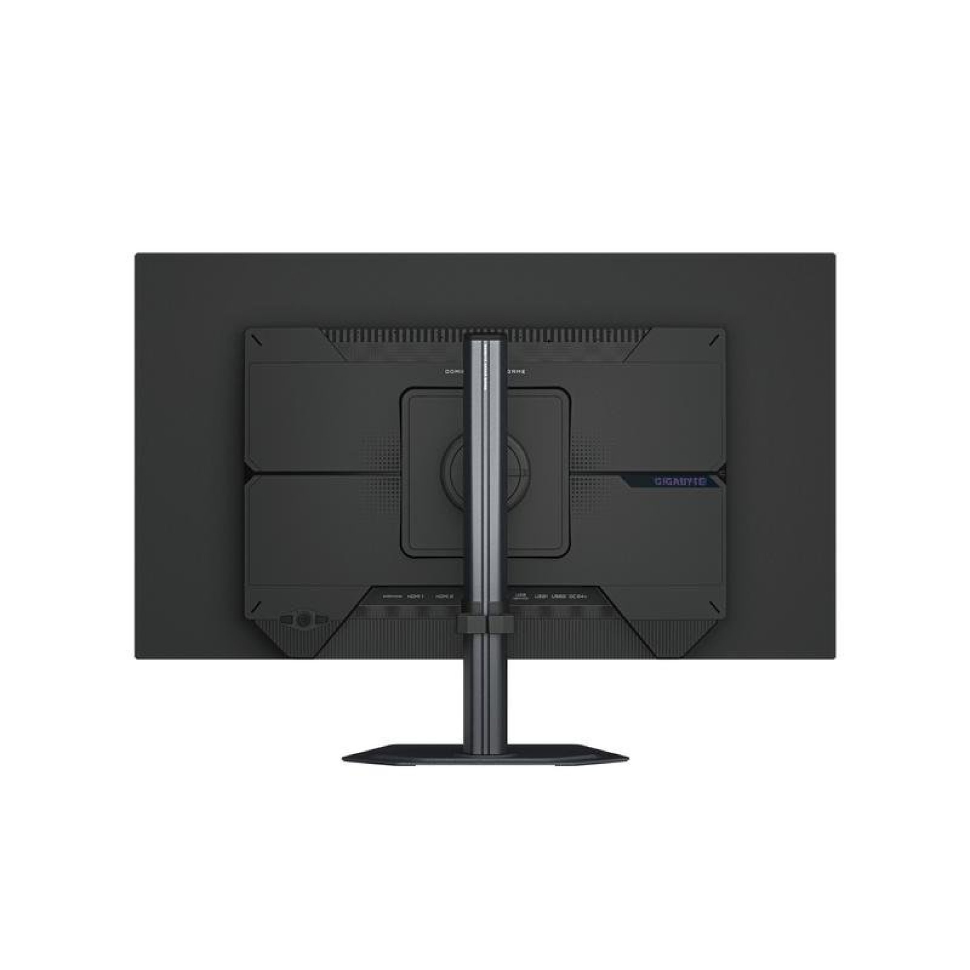 Widok z tyłu czarnego monitora Gigabyte z pionową podstawą na jasnym tle.