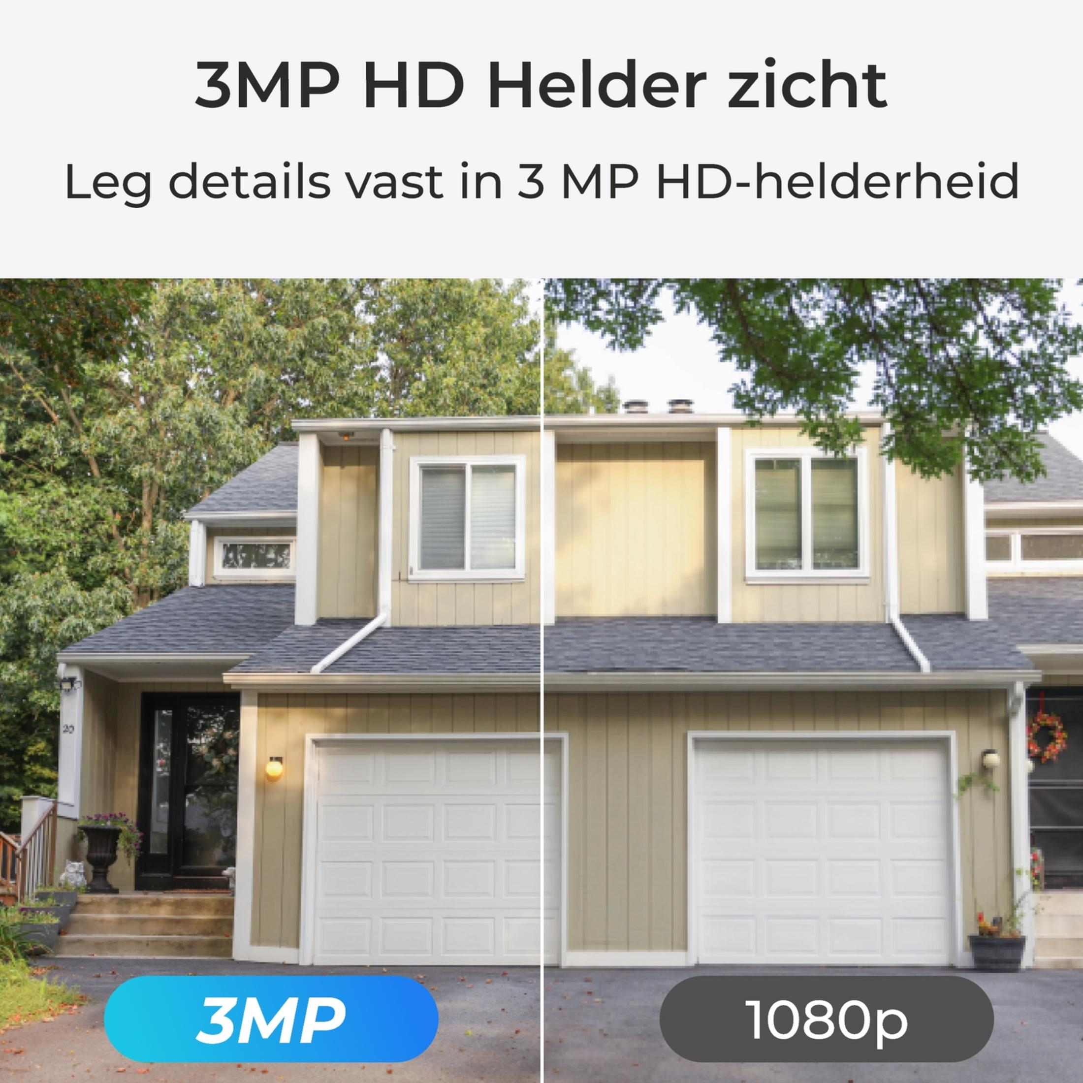 Comparaison d'une maison montrant une résolution 3MP plus claire à gauche et 1080p à droite.