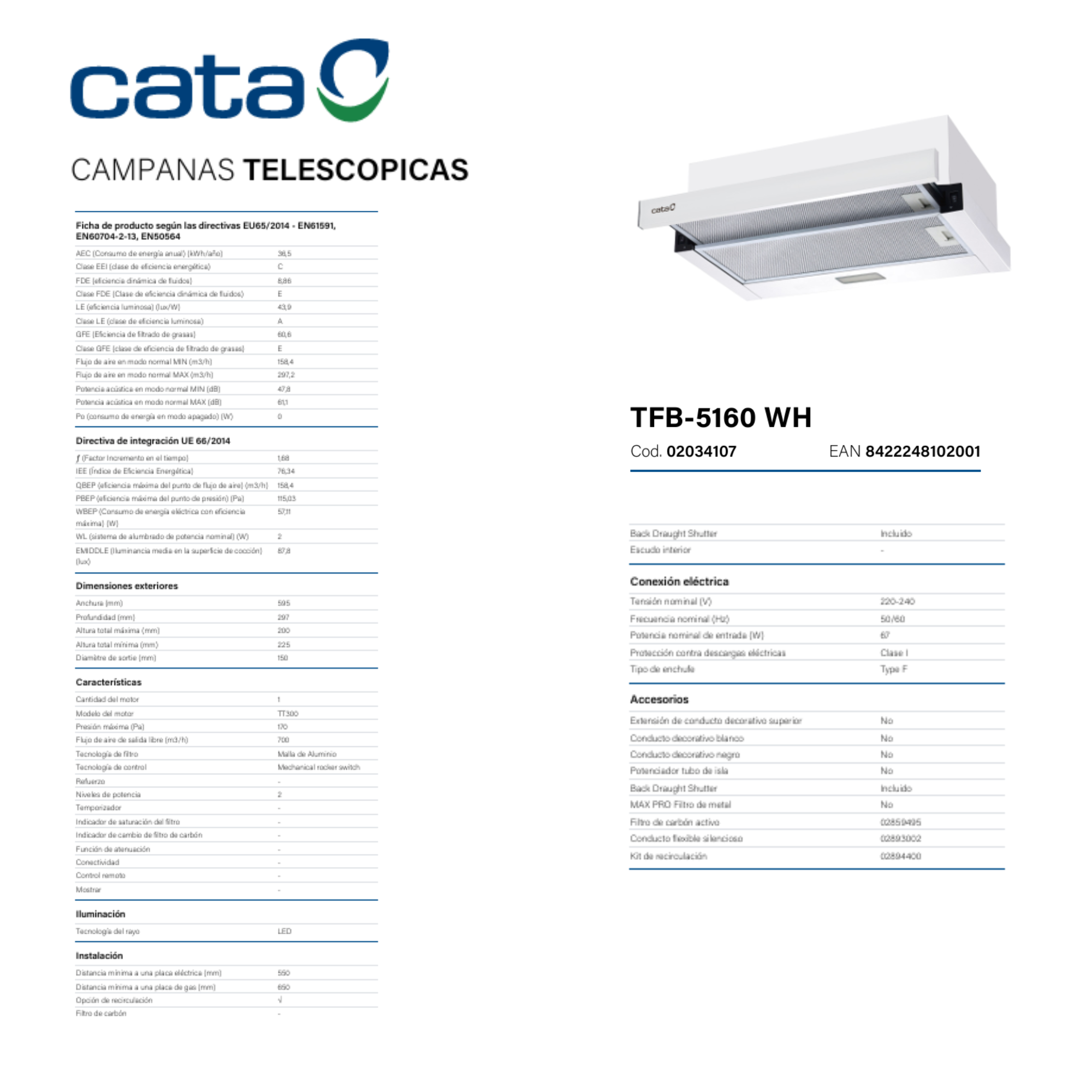 Hoja de especificaciones de la campana extractora telescópica Cata TFB-5160 WH.